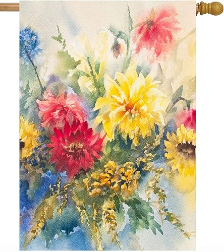 Bandera de acuarela de temporada de verano y primavera, flores coloridas de dalias para casa, 28 x 40 pulgadas, banderas de bienvenida de doble cara