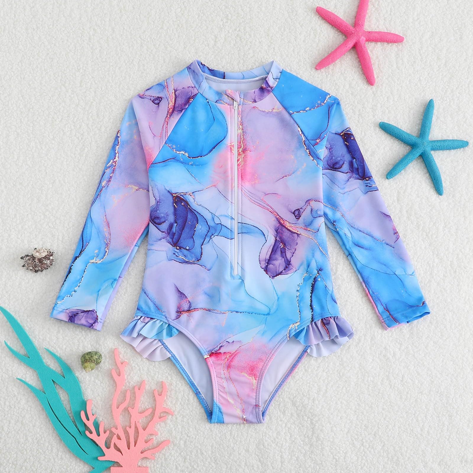 Generisch Triángulo Bikini Niñas Bañador con mangas largas, cremallera delantera, batikAquarellmuster,SommerStrandRashguard