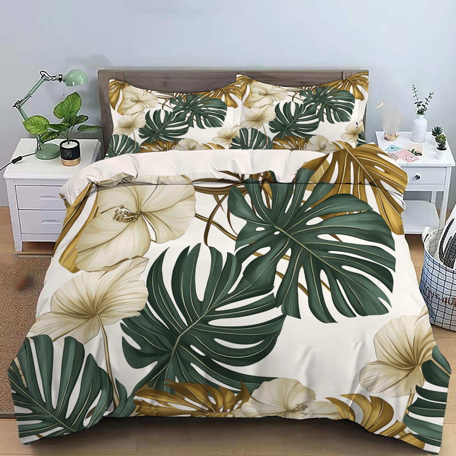Juego de Funda Nórdica 150x220cm 3 Piezas para Cama, Tropical Flores Hojas Microfibra de Poliéster Suave Transpirable Vintage, Incluido 1 Funda Edredón y 2 Fundas de Almohada, Blanquecino
