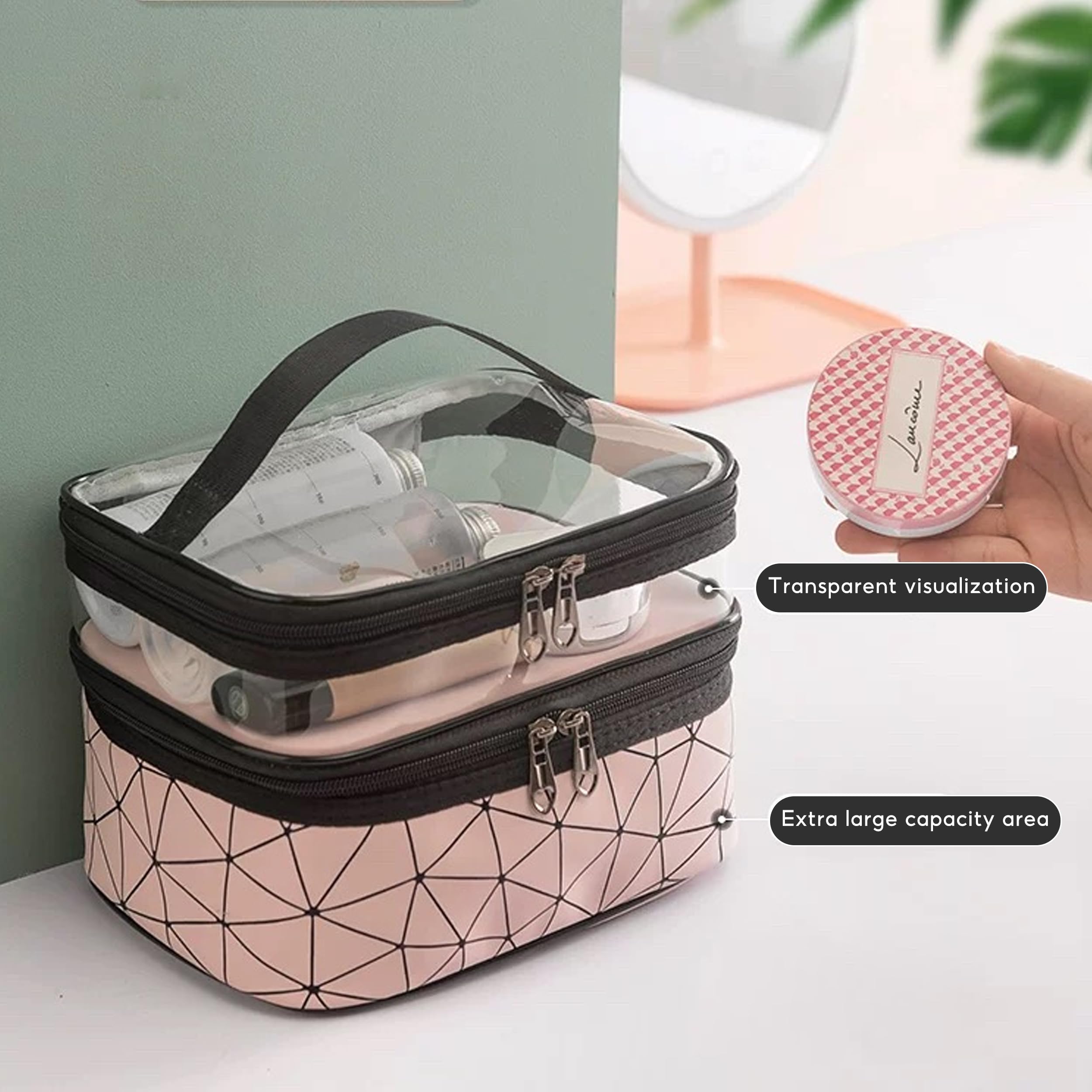 Large Capacity Double Layer Makeup Bag - Portable Toiletry Bag with Compartment for Women Travel Essentials (Pink 23x17x16cm) - Image 4