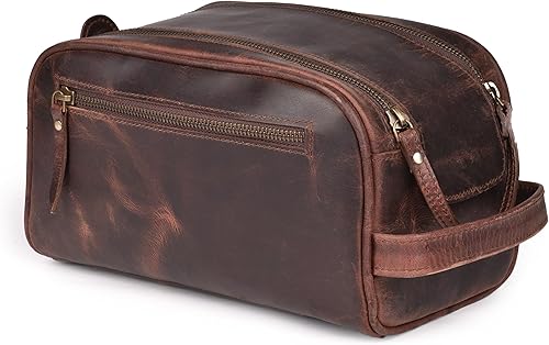 Miniatura 12 de LEATHER VILLAGE Bolsa de viaje para artículos de tocador de cuero premium con forro impermeable | Bolso estilo Dopp vintage hecho a mano de tamaño