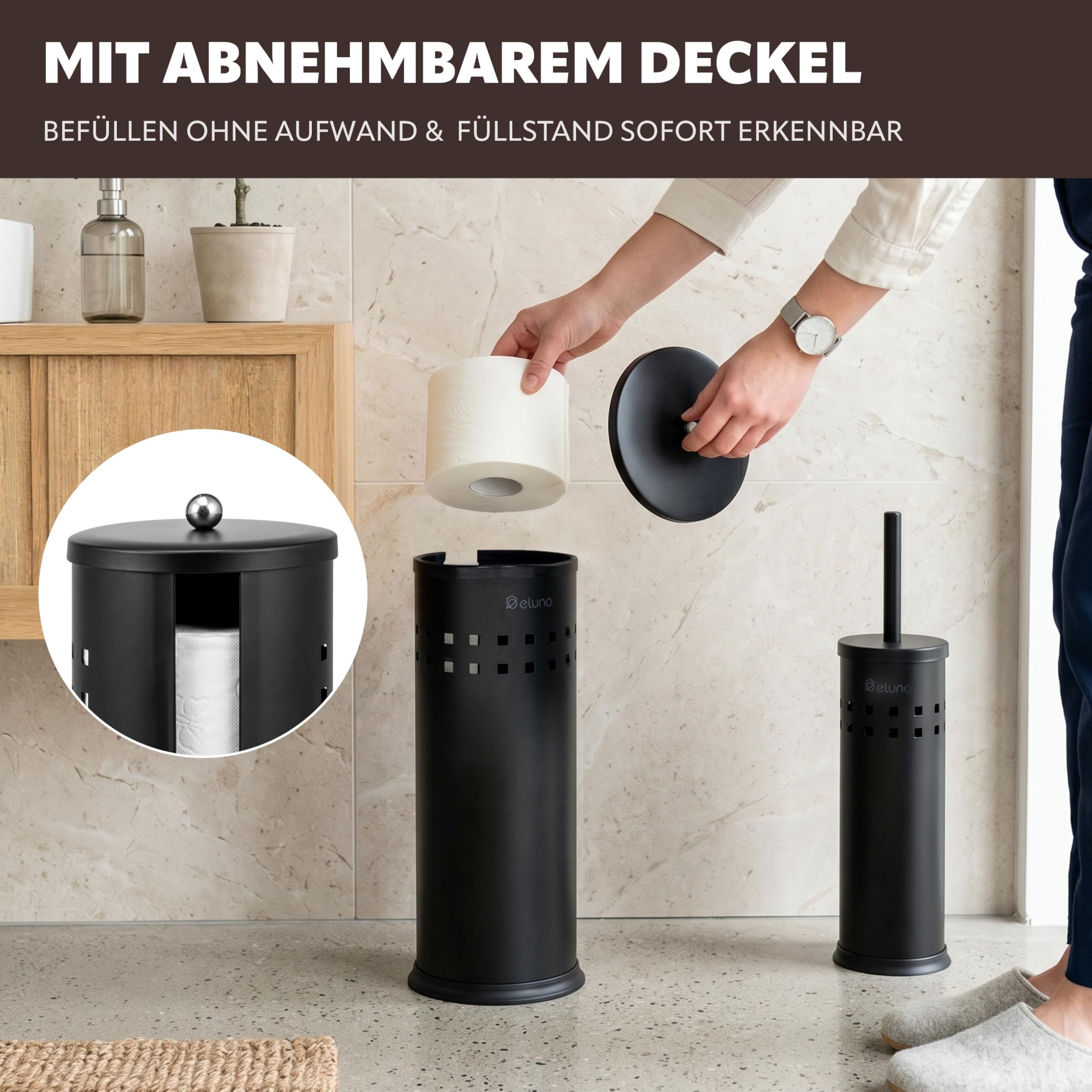 eluno Toilettenpapier Aufbewahrung AGLIANO mit Loch-Dekor, passend für 3 Ersatzrollen, freistehender Rollenhalter mit Deckel, nachfüllbarer WC-Rollenhalter, rund aus schwarzem Metall
