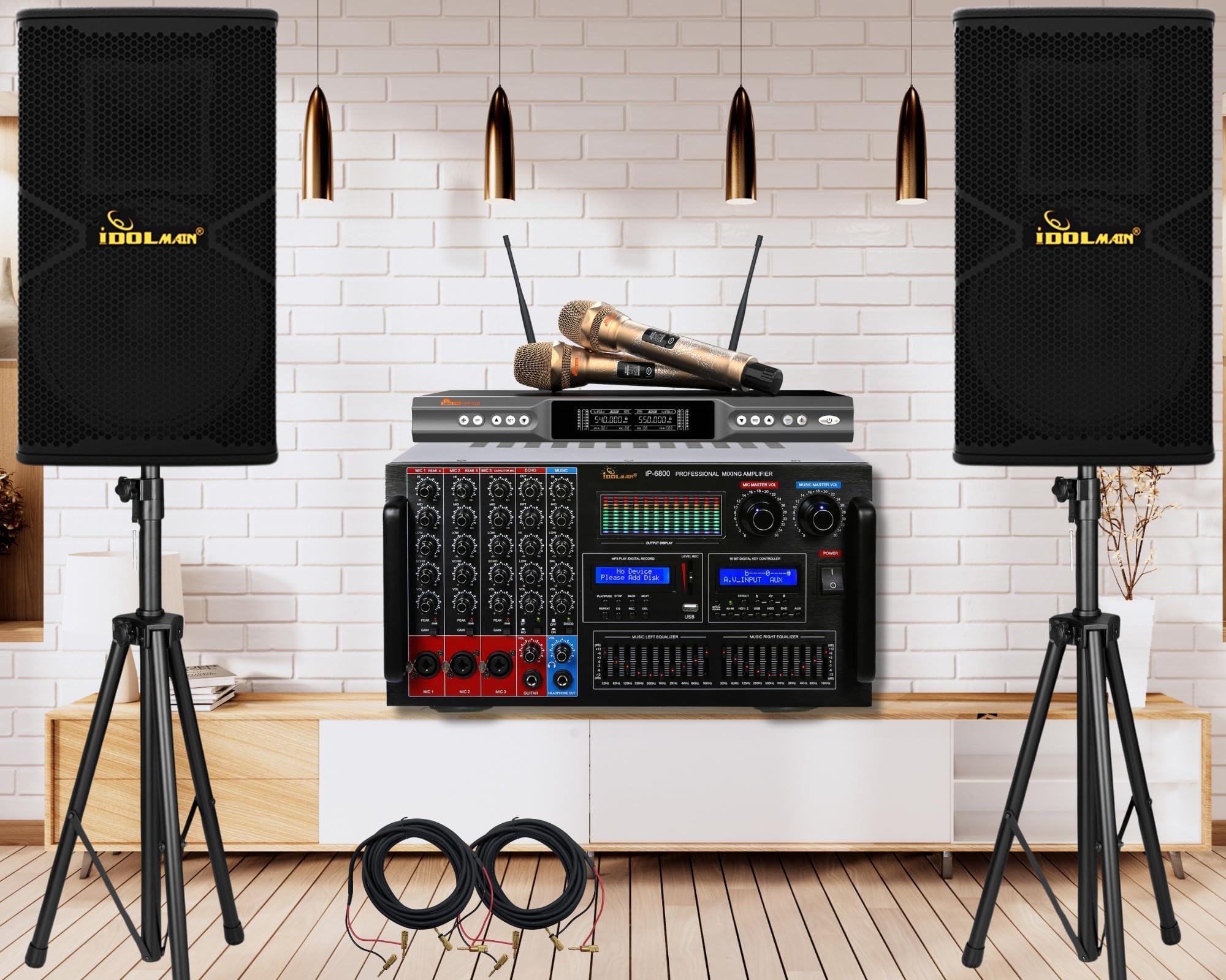 IDOLpro Premium Karaoke Speaker IPS-P18 1800W and 8000W IP-6800 Console Mixing Amplifier with HDMI//Equalizer/Digital Optical Input and Dual High End Anti Feedback Wireless Microphones
