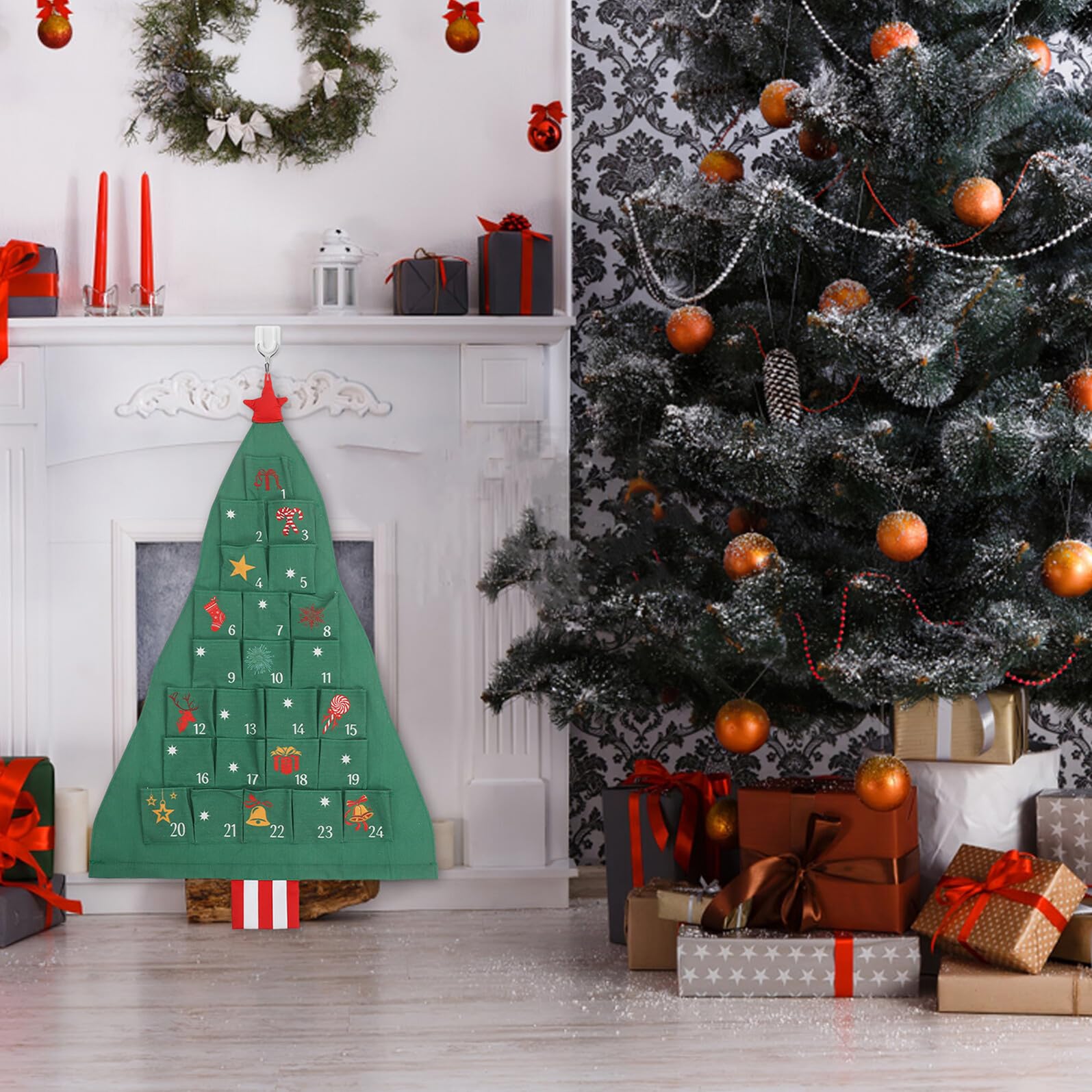 Adventskalender mit Weihnachtsbaum Motiv aus Baumwolle 24 Fächer Wand und Türbehang Interaktiver Countdown für Platzsparende Weihnachtsdeko