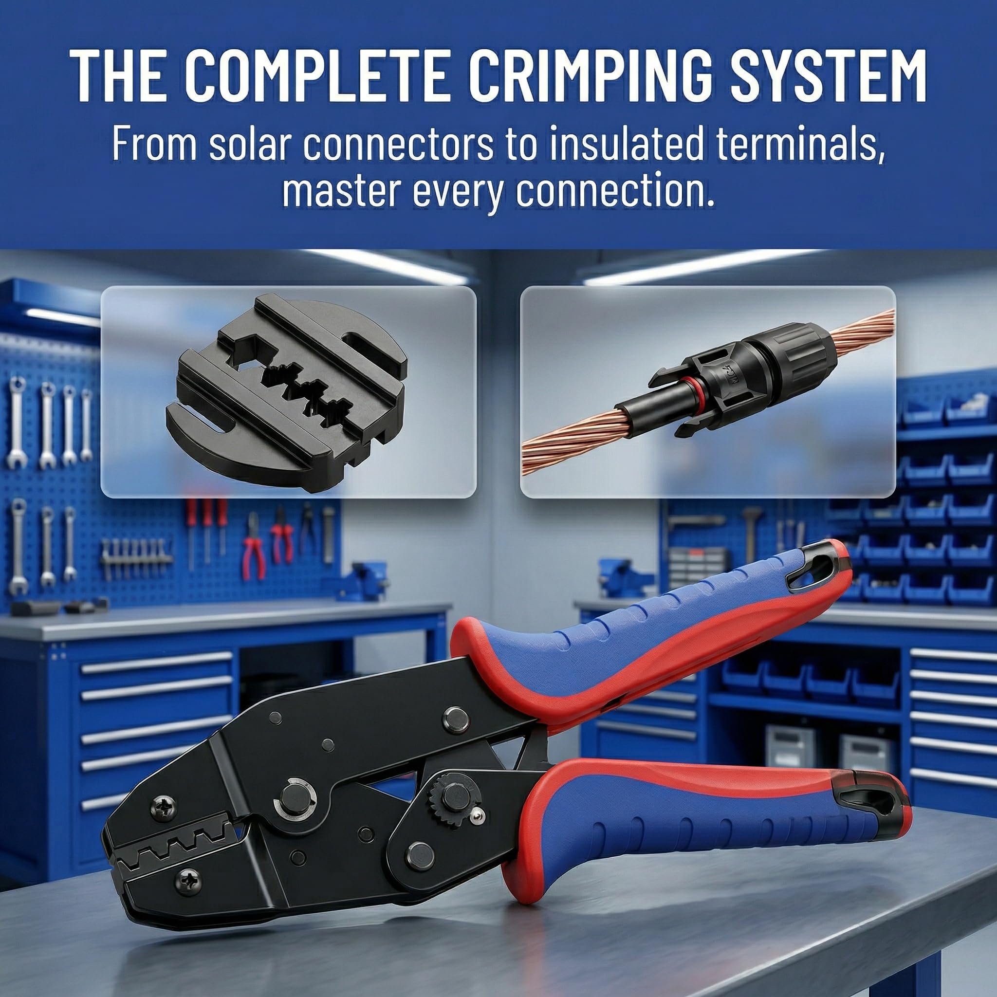 Pinza crimpatrice con ganasce intercambiabili con 6 testine, pinza crimpatrice elettrica per capicorda | Per terminali, connettori piatti e spine solari, pinza ergonomica per auto e installazione elettrica