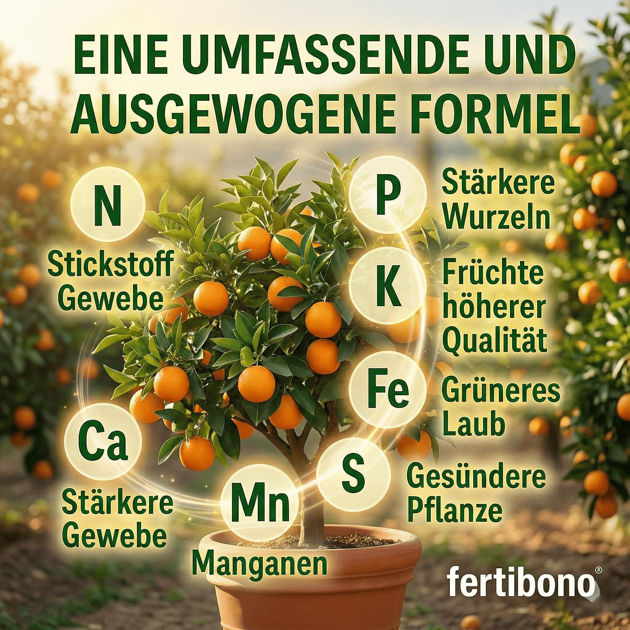 Zitrusdünger Granulat 2 kg | NPK 20-5-13 + Mg mit Eisen & Mangan – klare Jahresdosierung für Zitronenbaum & Zitruspflanzen | FERTIBONO