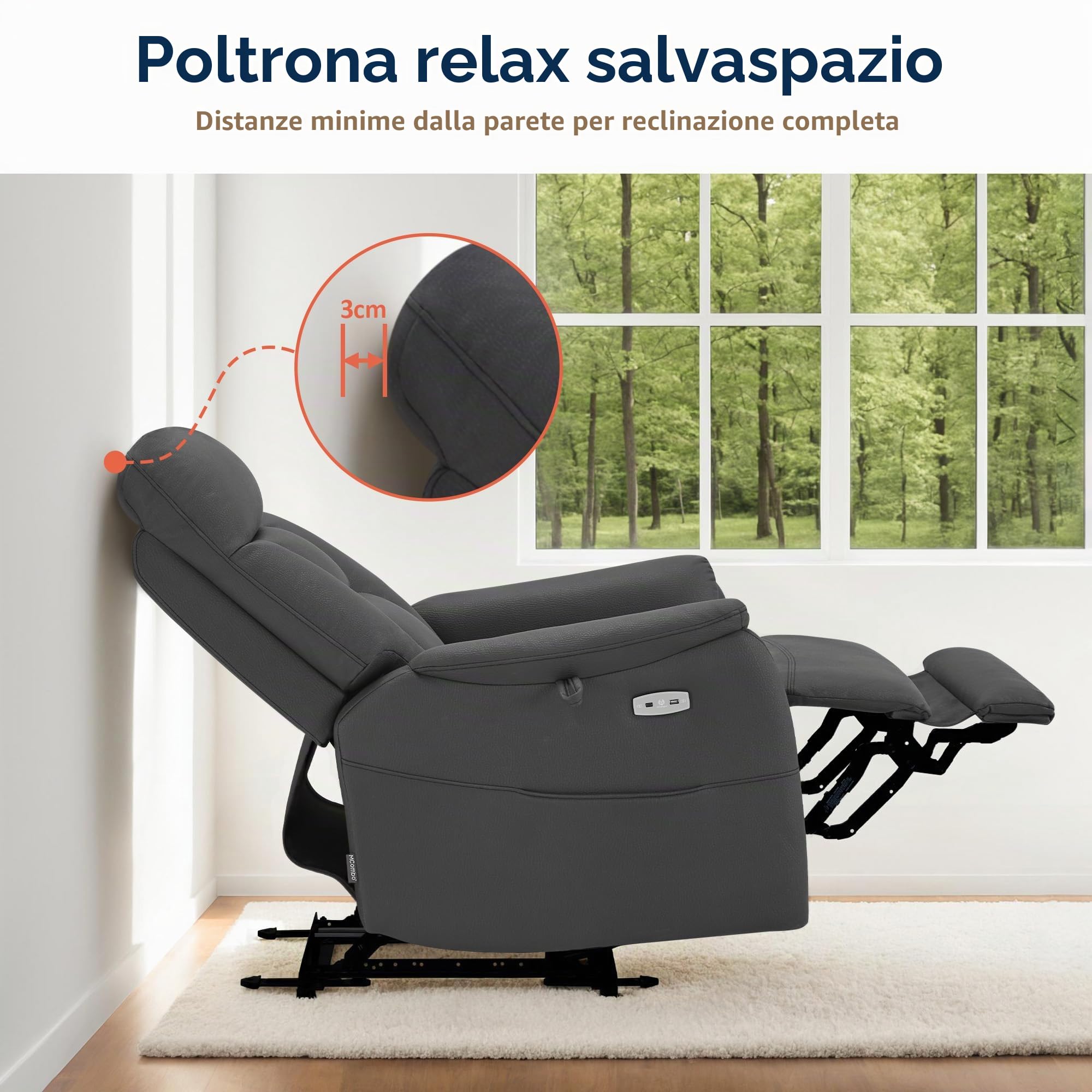 MCombo M Poltrona Relax Elettrica Regolabile, Poltrona TV a 3 cm dalla Parete, Poltrona Relax con Funzione Reclinabile,Porte USB & Tipo-C e Cuscino Lombare, Soggiorno, 7063 (grigio scuro)