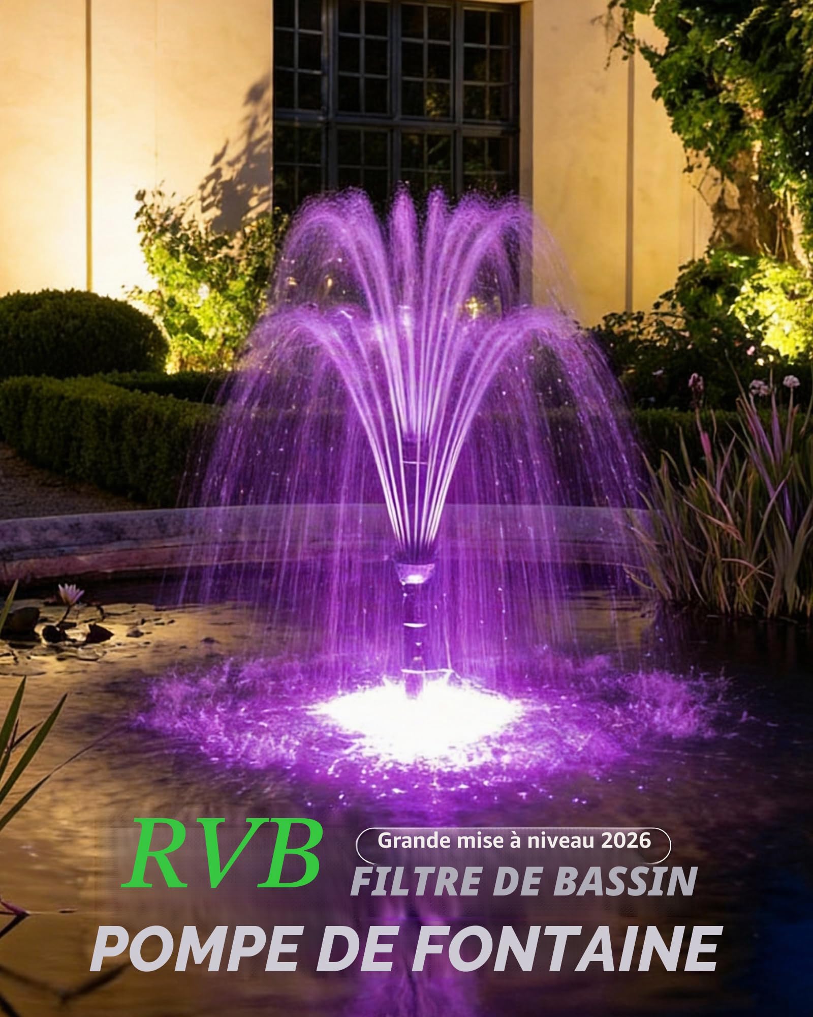 POPOSOAP Filtre pour bassin avec clarifiant UV, 2500 l/h Pompe et ensemble de filtres avec lumières LED RGB, Fontaine de bassin tout-en-un pour bassins extérieurs jusqu’à 6000 litres