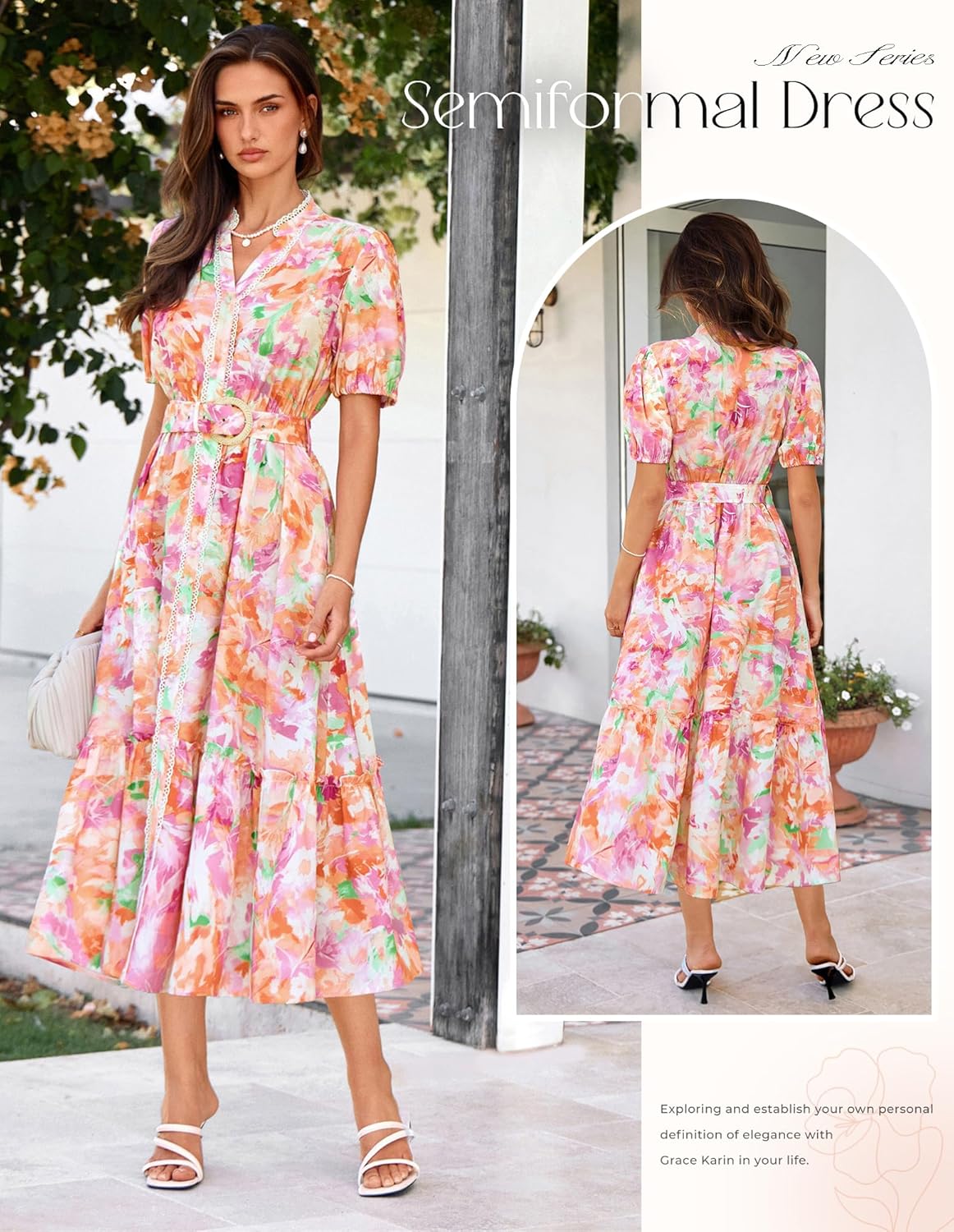 GRACE KARIN Womens Summer Floral Maxi Dress 2026 Casual Puff Short Sleeve Shirt Dress Boho Flowy Dresses with Pockets & Belt - Image 3
