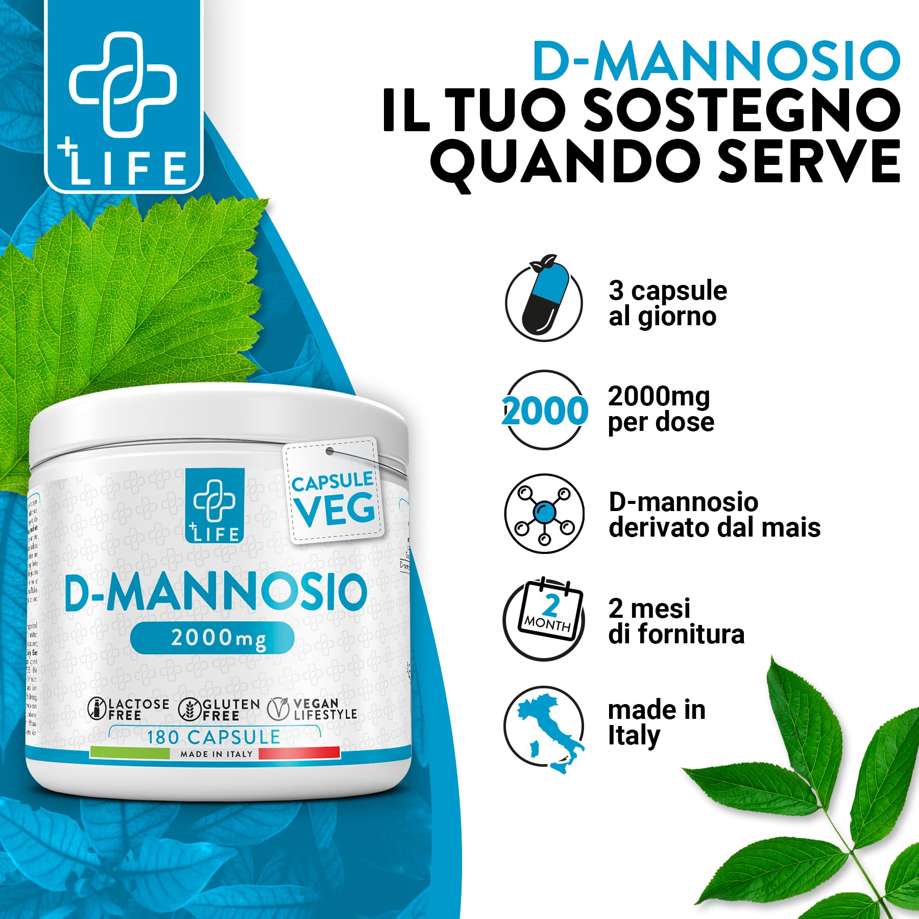 D Mannosio Puro 2000mg 180 Capsule PiùLife, 3 Al Giorno, Integratore Vie Urinarie Donna, Integratore Cistite, Benessere Quotidiano, Sostituto Al Mirtillo Rosso