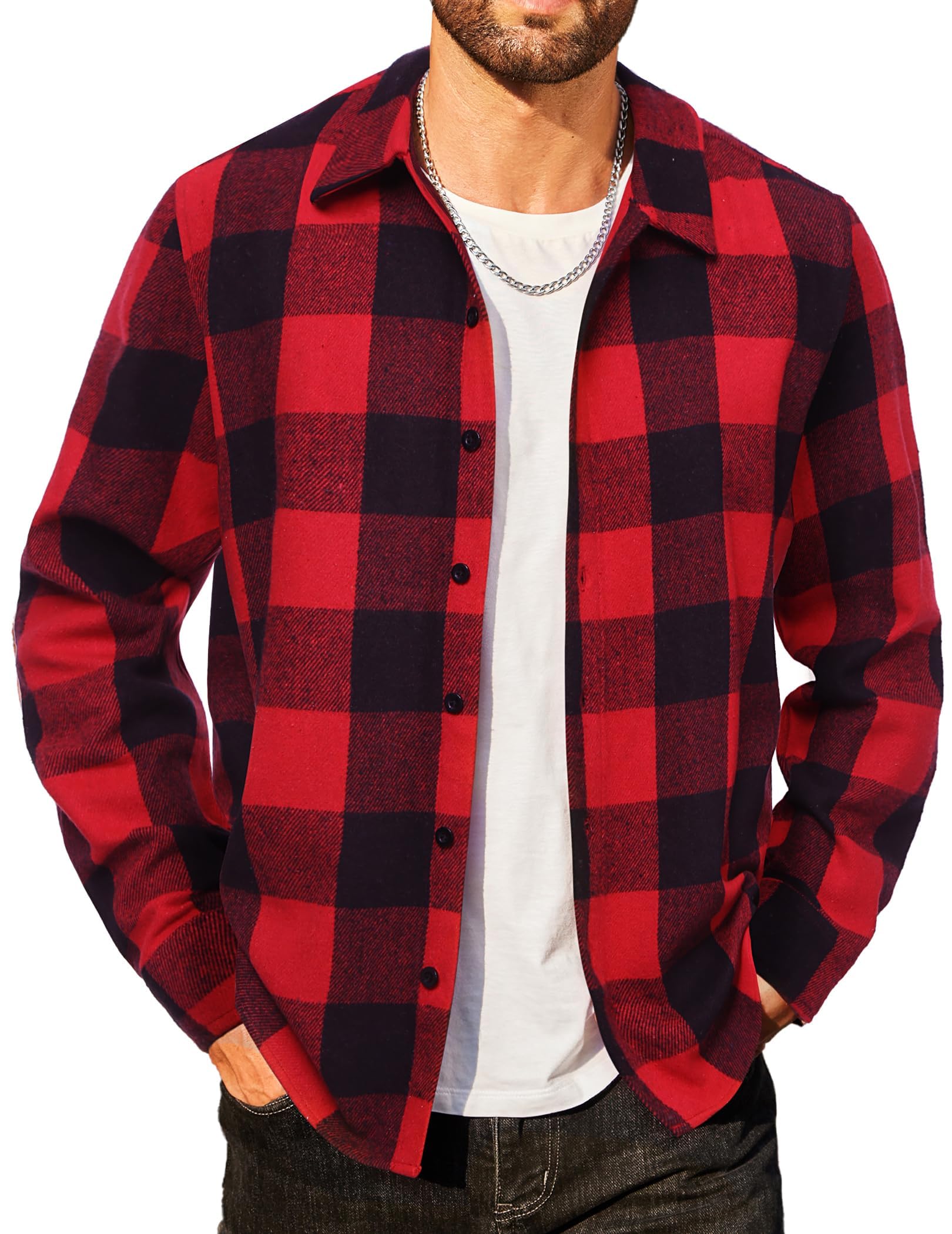 COOFANDY Camisa de franela para hombre, a cuadros, manga larga, informal, con botones, para el tiempo libre, ajuste normal, para traje regional, camisas de leñador