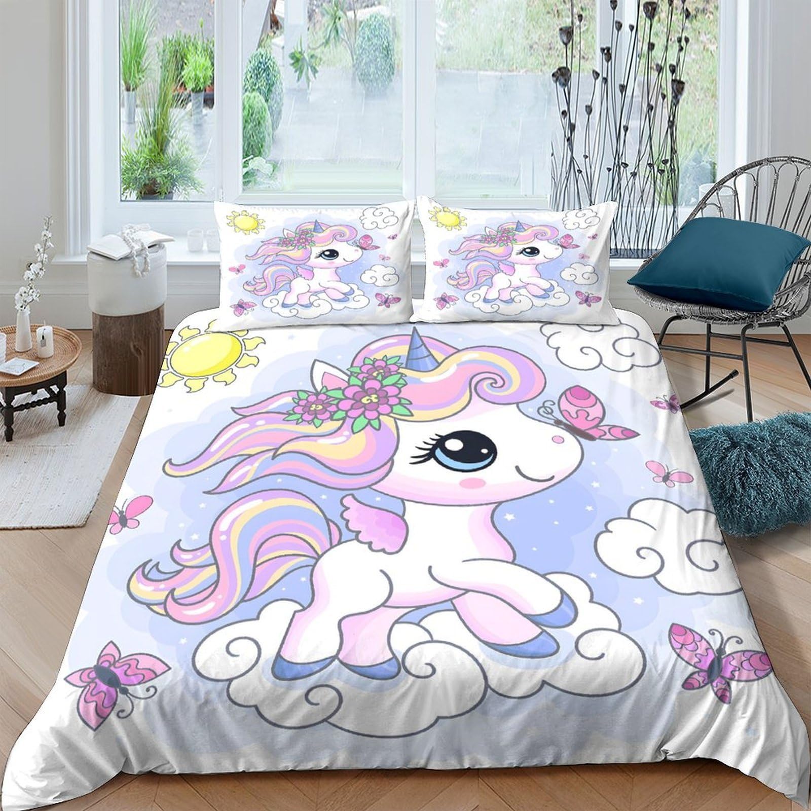 Ctjqhvkz Style-9 3D Printed Cute Unicorn Fitted Sheet Microfiber Pink Cartoon Clouds Bed Cover Anti-Slip For Bedroom Guest Room Decor Single（135X200cm）