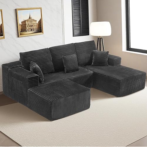 106'' Cloud Modular Sectional Couch with Ottoman, Boneless U-Shaped Couch with Deep Seat, Modern Minimalist Sofa for Living Room, Corduroy Sleeper, No Assembly Required (Grey, Right-Facing Chaise)