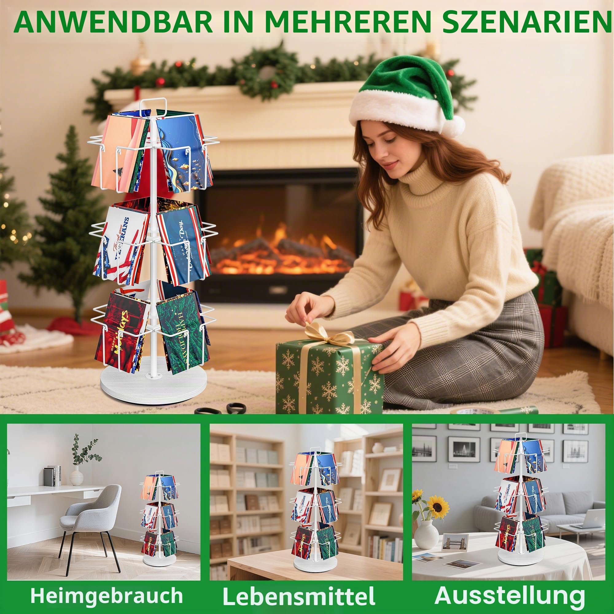 3-stöckiger drehbarer Grußkartenständer mit 12 Taschen, Metall-Grußkartenregal für Aufkleber, Fotokarte, Broschüren, Arbeitsplatte, Postkartenhalter, Präsentationsständer für Zuhause, Vitrine