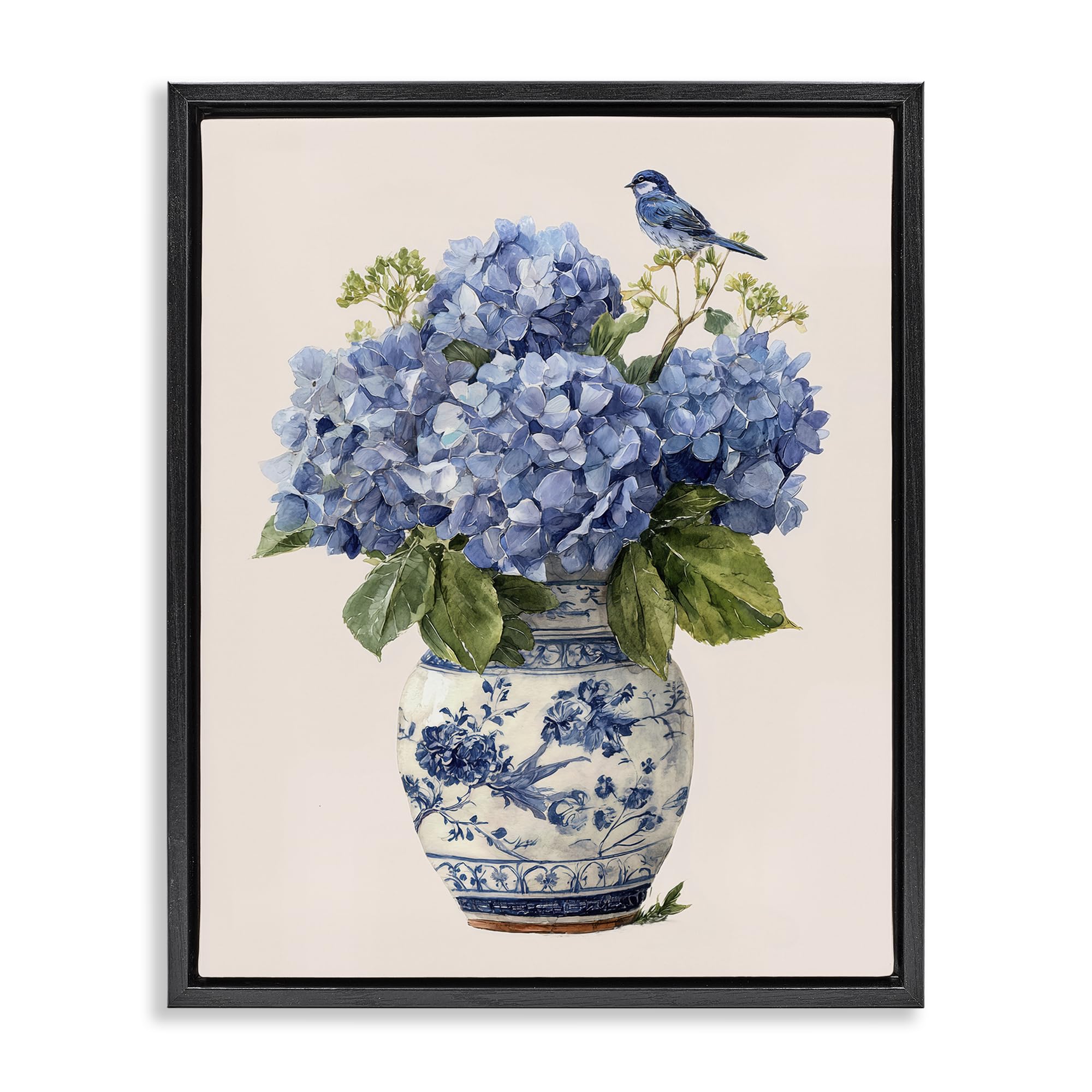 Stupell Industries 'Songbird Perched on Hydrangeas', Floating Frame Canvas Art, Black, 25 x 31 Inches, Easy to Hang and Sturdy, Made in USA, by Imagine It Images