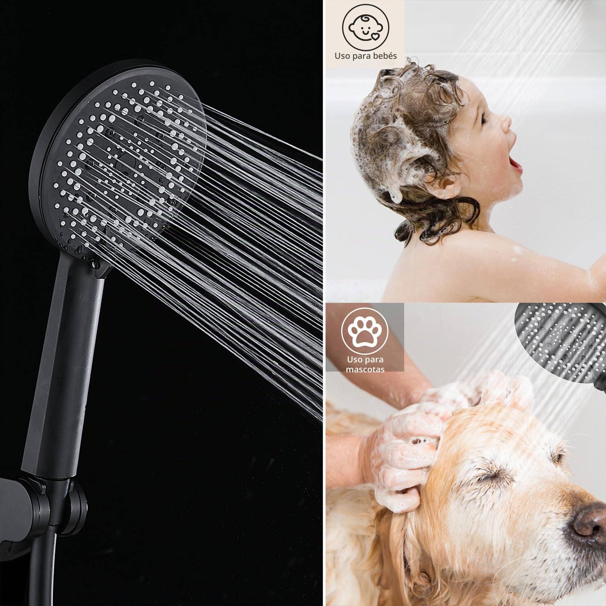 Grifo Bañera y Ducha Monomando con Alcachofa, Manguera y Soporte - Grifo de Bañera con Caño, 150cm Cable Ducha PVC, Cabezal Ducha con 5 Funciones - Negro Mate