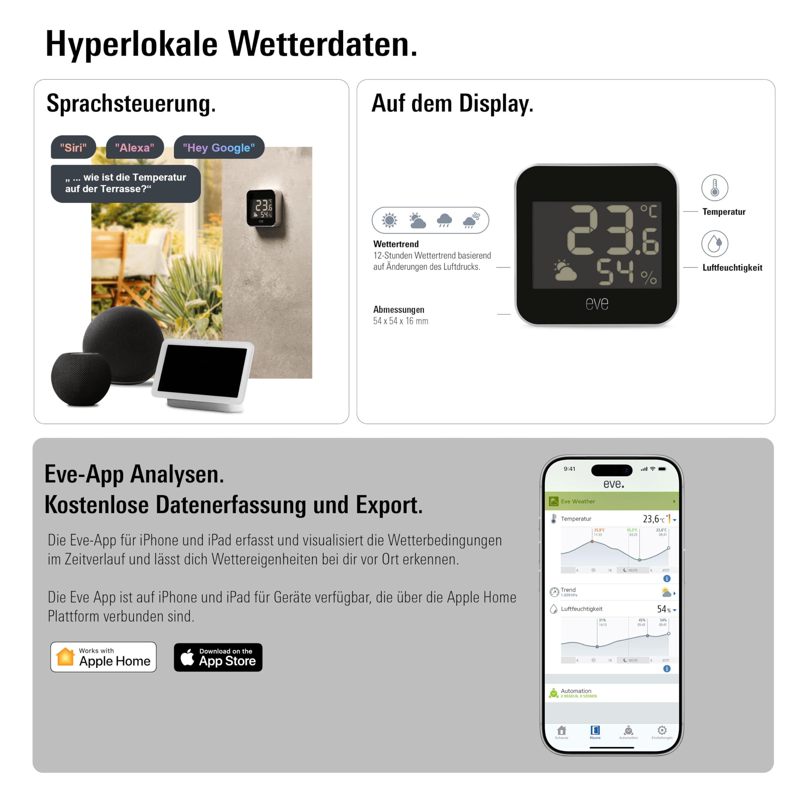 Eve Weather (Matter) Smarte Wetterstation Temperatur Luftfeuchtigkeit Wettertrend IPX4 kabellos Schwarz