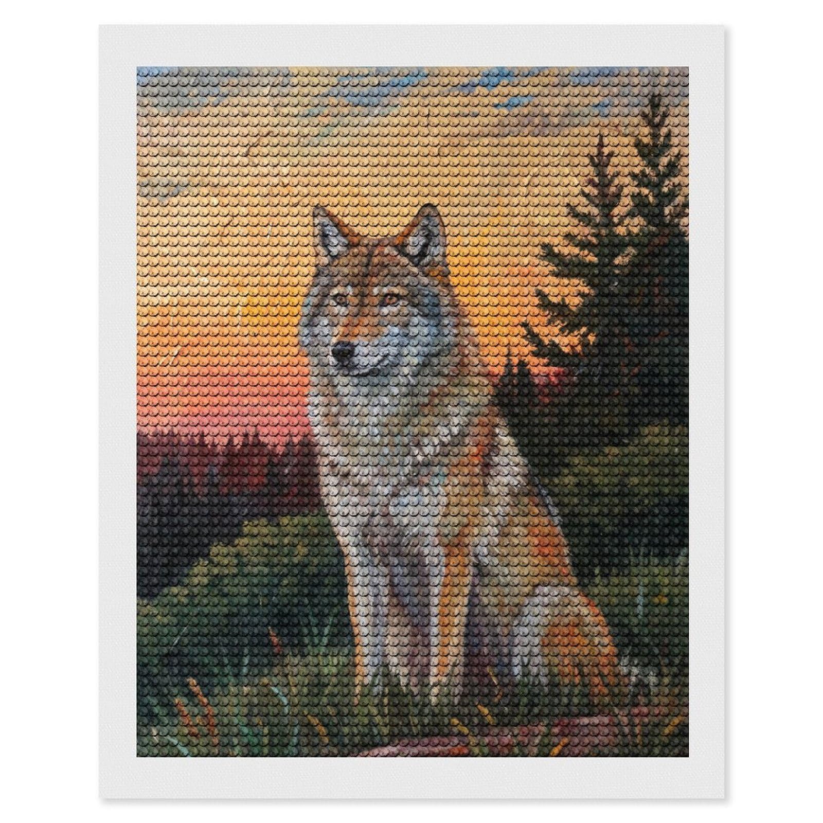 Junmoney Wolf at Sunset DIY Diamond Art Canvas Kit 16"x20", Decorate Your Room, Sparkling Round Gems, Fun Craft Experience, Farmhouse Decor