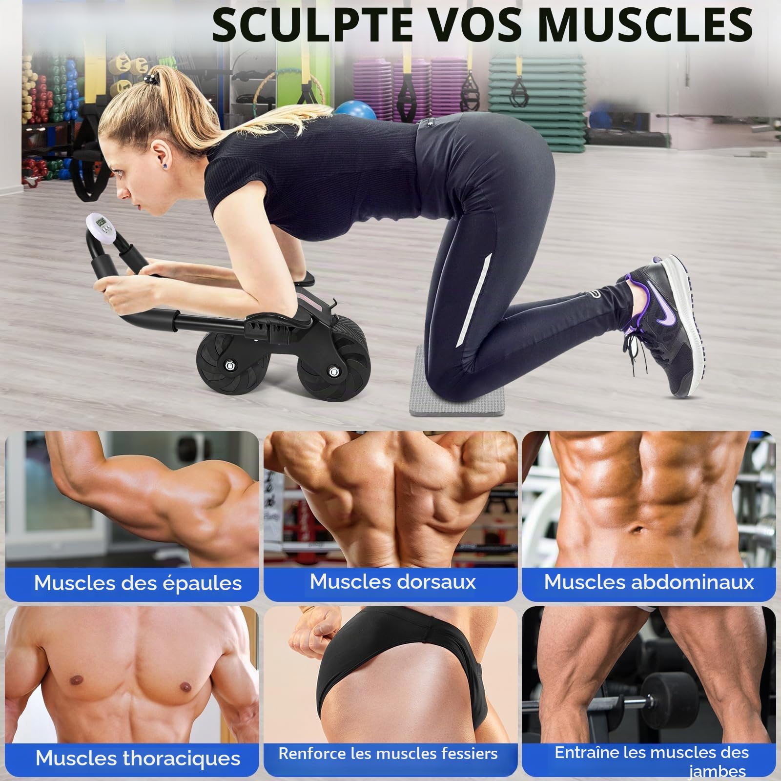 ROELLY Rouleau Abdominal à Rebond Automatique,Roulette Abdominaux, Conception Antidérapante et Stable à Double Roue, Roue Abdominale Assistée,Avec Genouillère et Minuterie Magnétique,Aptitude