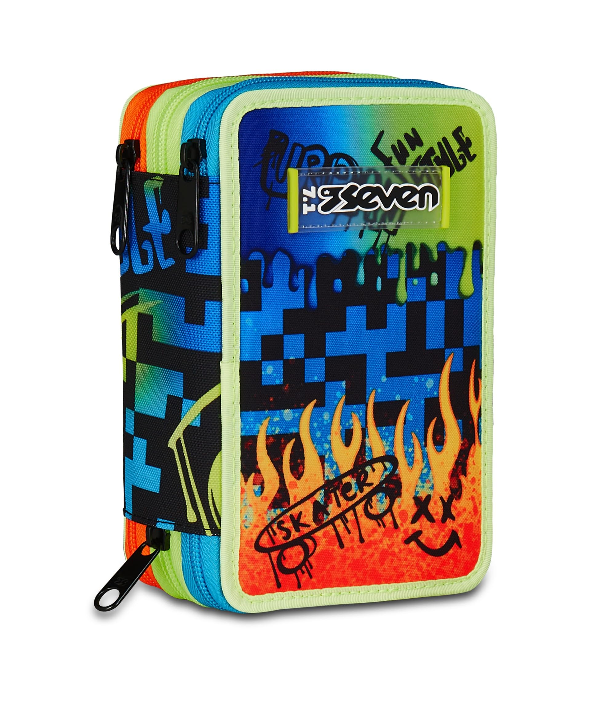 Seven School Pencil Case 3 Zip Scribled Flame Blue, Triple Pen Holder with Pens, Pencils, Colours, Accessories Backpack, Elementary School, Children