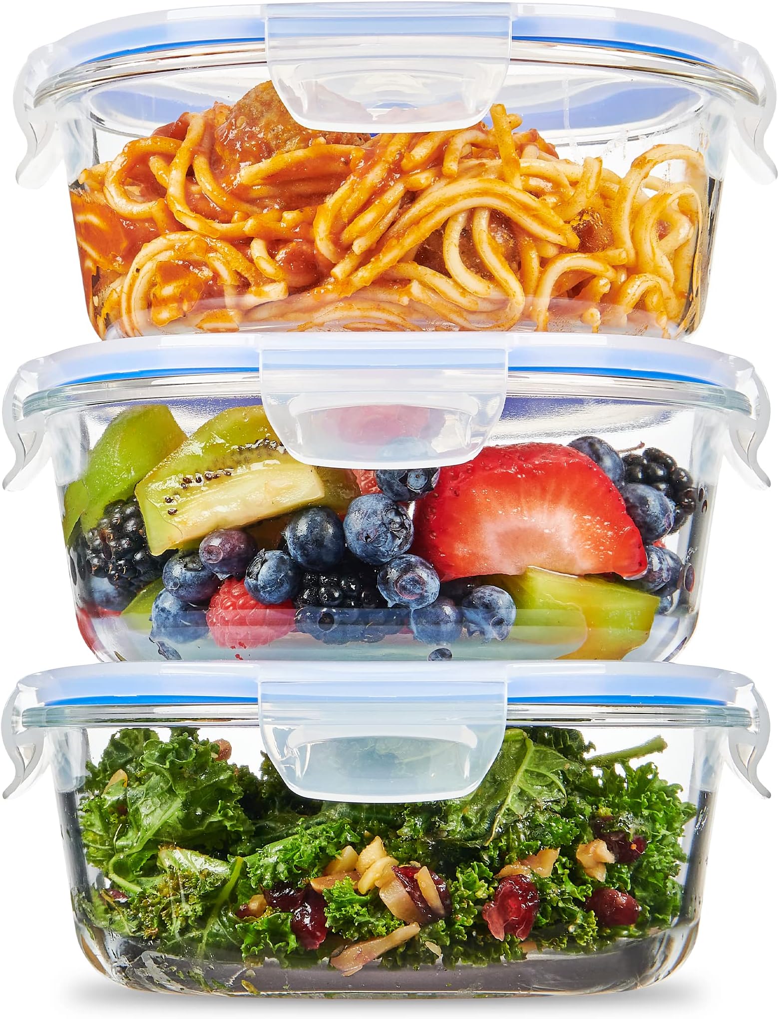 Superior Glass Meal-Prep Pasta Containers - 3-pack (32oz) Newly Innovated Hinged BPA-Free Locking Lids - 100% Leakproof Glass Food-Storage Containers, Great On-the-Go, Freezer-to-Oven Safe Containers