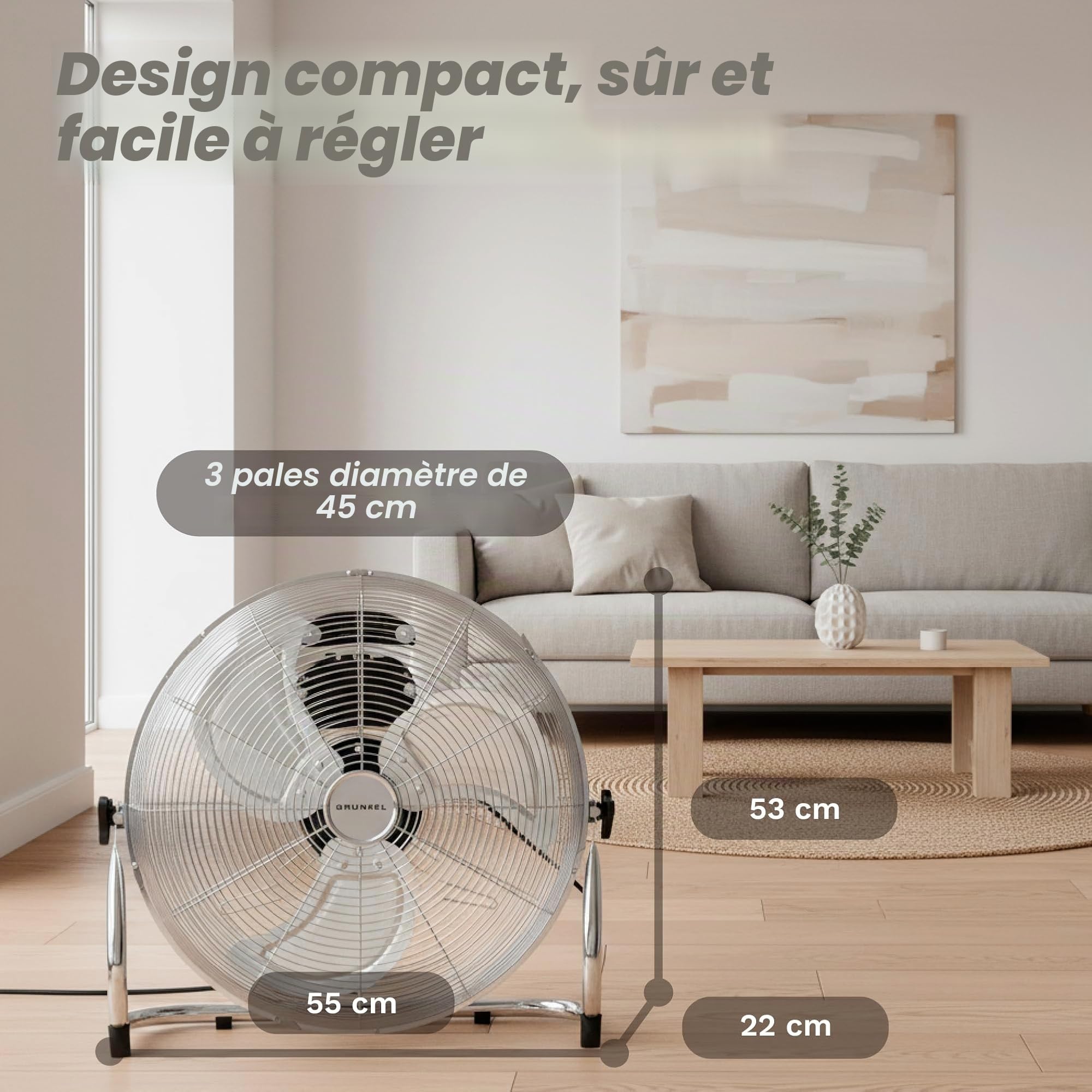 Grunkel - Ventilateur industriel de sol de 100 W et 45 cm de diamètre - MET-H18 industriel - Avec 3 vitesses différentes et angle d'inclinaison réglable