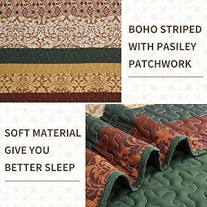 DJY Boho Quilt Set King Size Brown Green Bohemian Striped Bedspread Coverlet Set, Boho Floral Pattern Soft Microfiber Quilted Bedding Set for All Season, 104''x90''