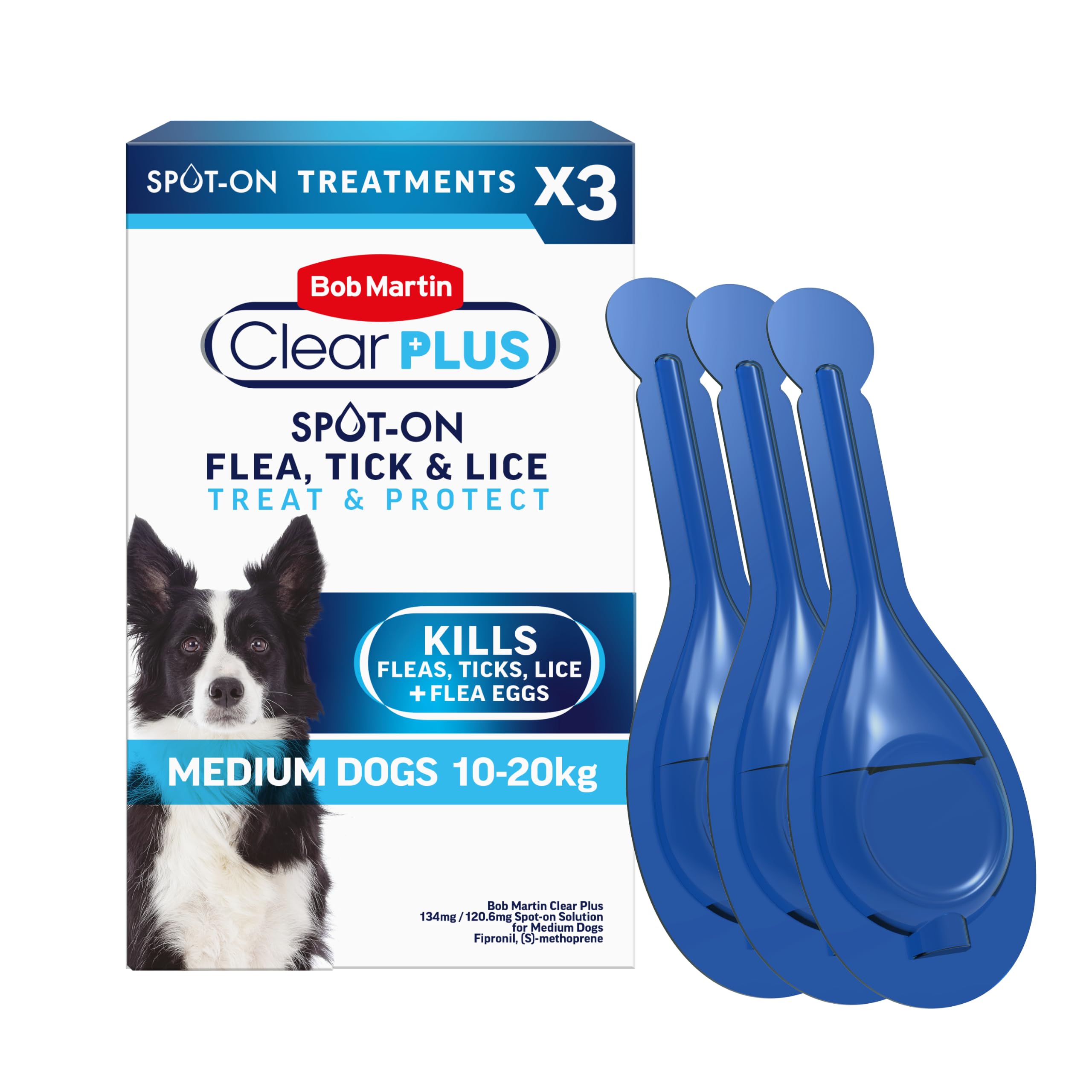 Bob Martin Clear Plus Spot On Flea Treatment for Medium Dogs (10-20kg) - Kills Fleas, Ticks, Lice and Flea Eggs (3 Pipettes)