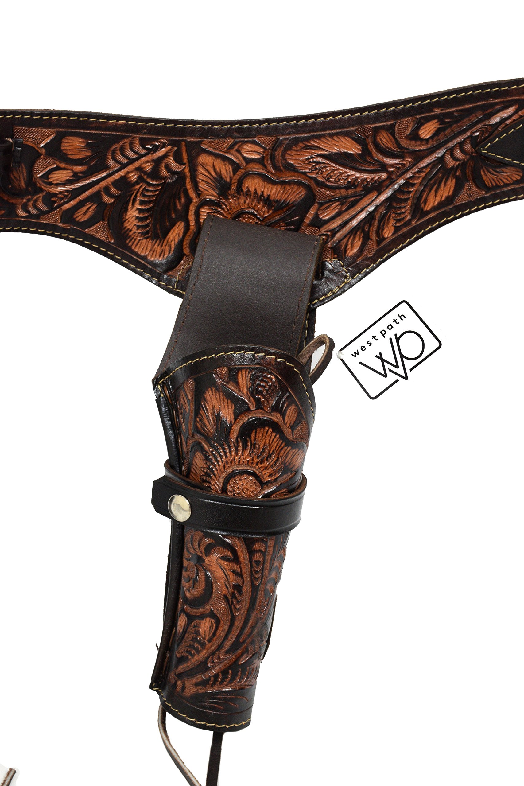 22 Caliber Western Leather Gun Holster & Belt - Cowboy Style Single Drop Rig Standard Barrel - Authentic Handmade Hand Tooled .22 Cal