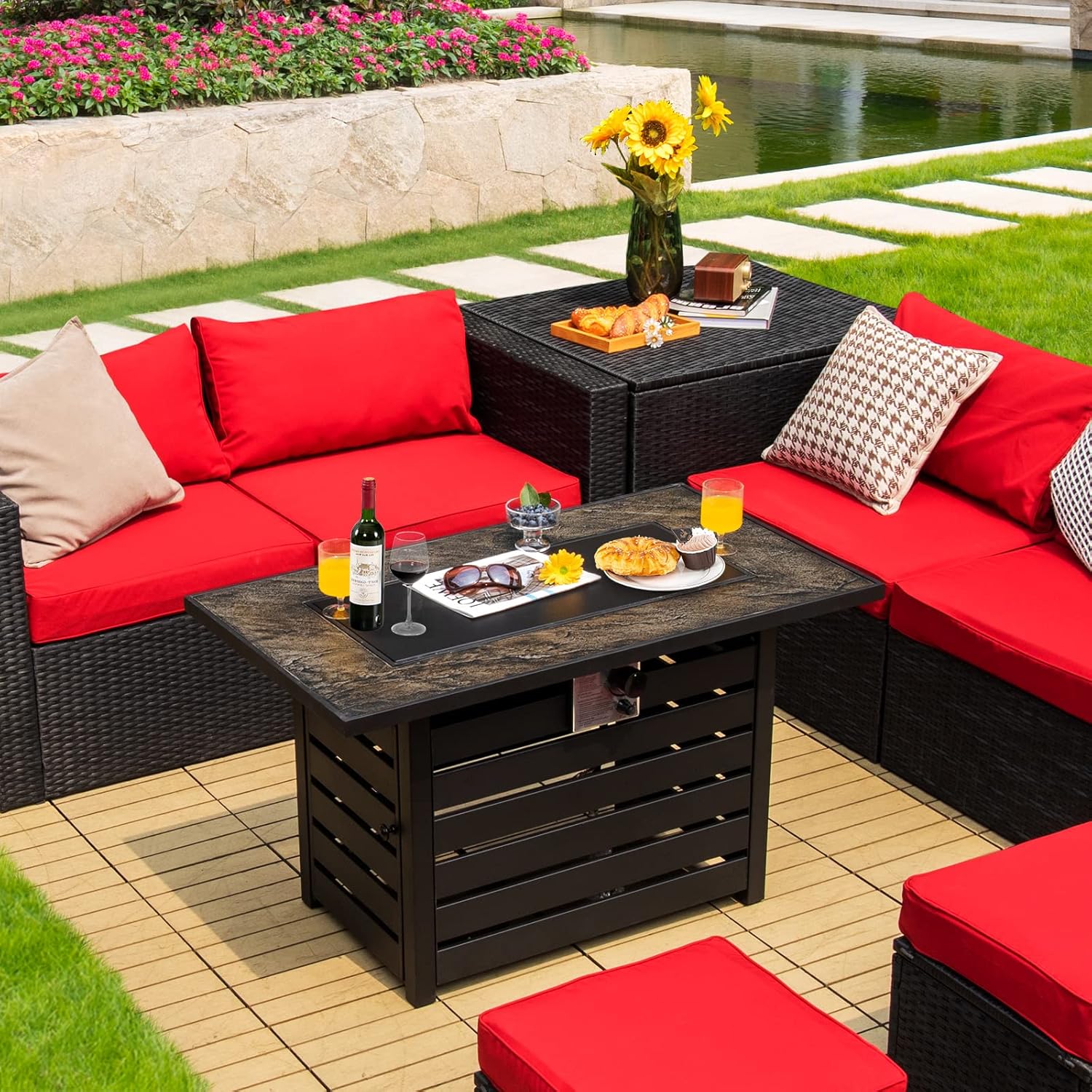 Happygrill 42" Propane Fire Pit Table, 50,000 BTU Rectangular Gas Fire Table with Lava Rocks & PVC Cover Included, Ore Powder Surface, Perfect for Backyard Garden