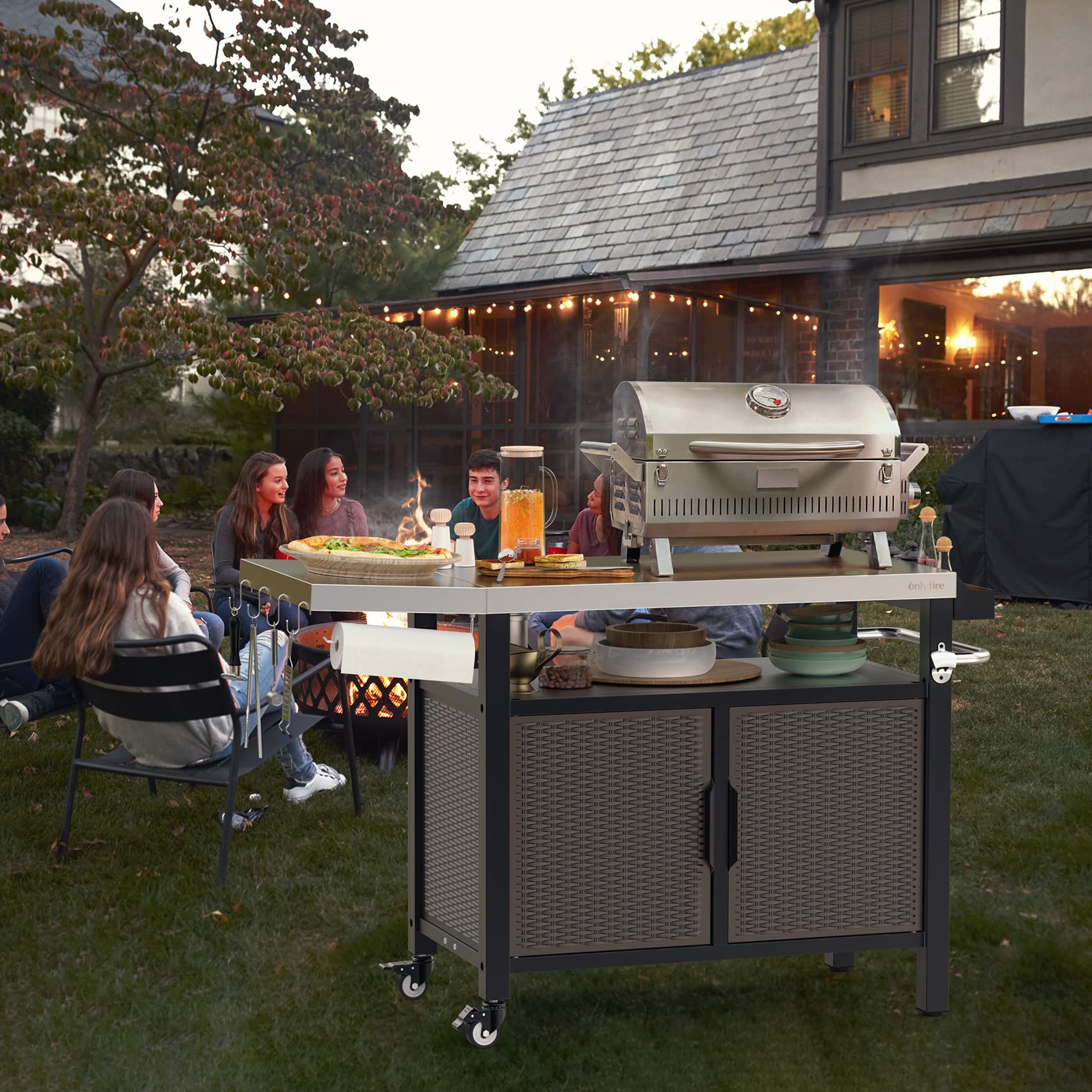 onlyfire Grilltisch, Grillwagen mit Großer Arbeitsfläche, Servierwagen mit Rollen, Grill Beistelltisch mit Abklappbare Seitenablagen, Edelstahl Tischplatte, BBQ Beistellwagen, 143.5 × 56 × 91 cm