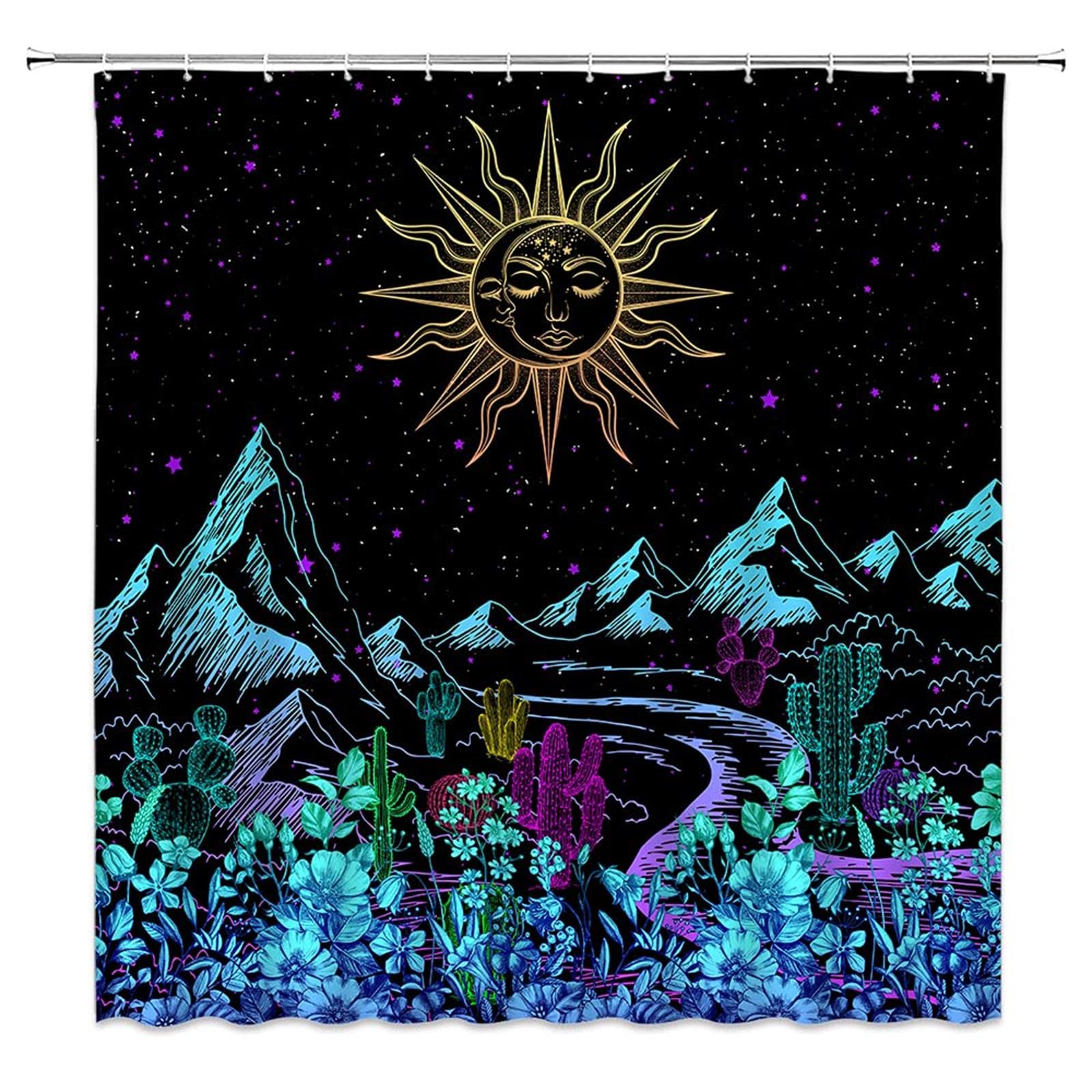 Abstract Mountain Shower Curtain Boho Sun Moon Landscape Night Star Celestial Colorful Flower Cactus Black Unique Modern Fashion Design Gothic
