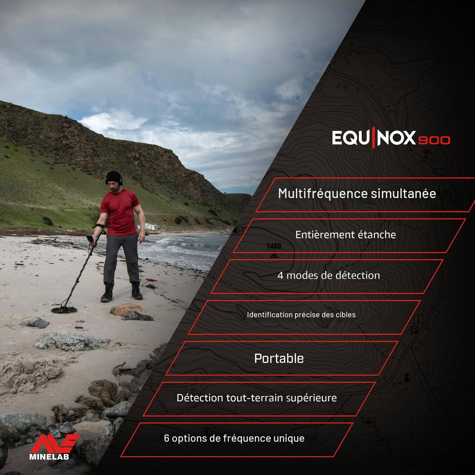MINELAB Equinox 900 Détecteur de Métaux Multi-fréquences Pliable avec Bobines Double D Étanches 11 Pouces et 6 Pouces