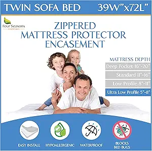 Sleeper Sofa Twin Size Mattress Protector 39" Wx72 Lx5 D - Waterproof Zippered Encasement Premium Quality Bed Cover Protects Against Dust, Allergies White