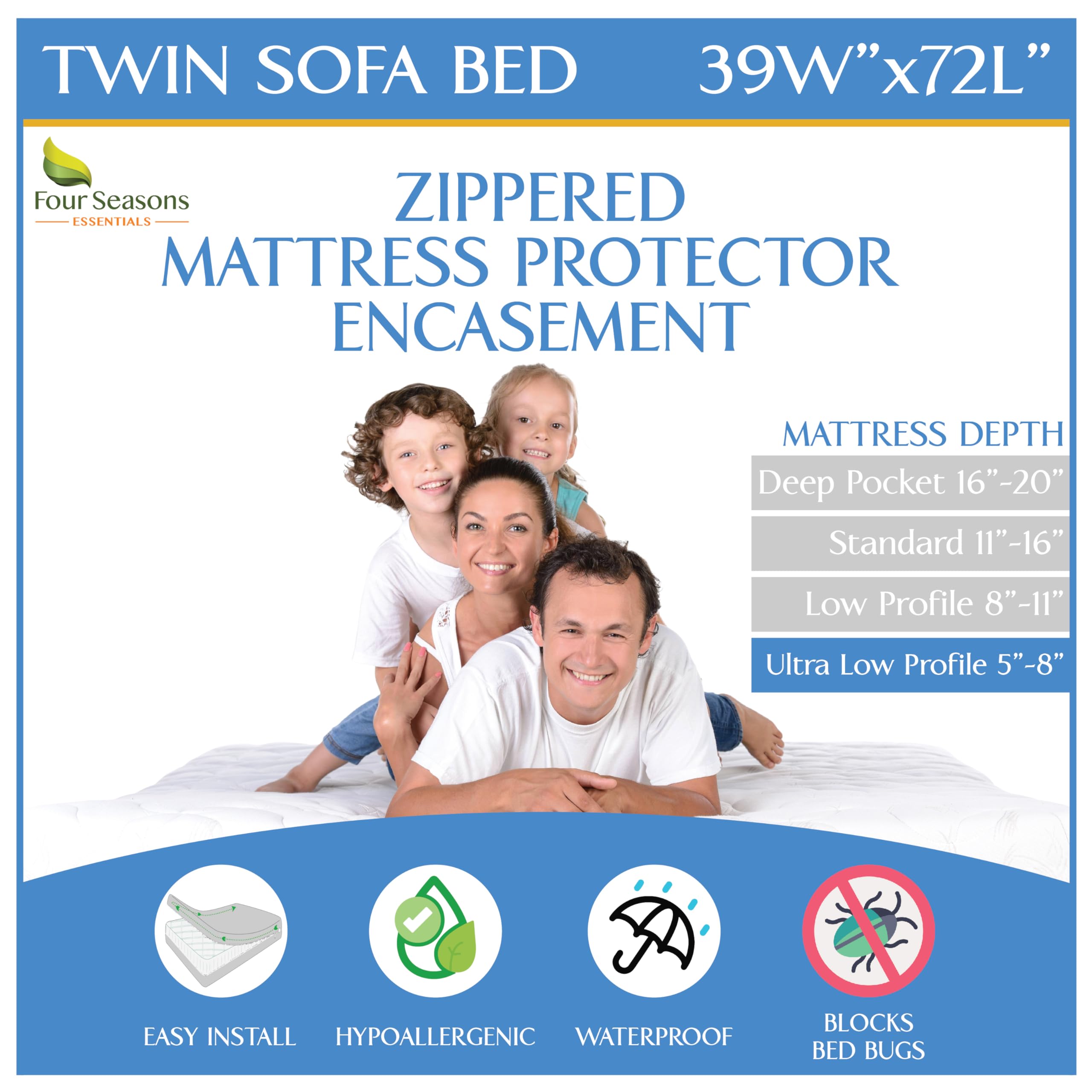 Sleeper Sofa Twin Size Mattress Protector 39" Wx72 Lx5 D - Waterproof Zippered Encasement Premium Quality Bed Cover Protects Against Dust, Allergies-image-36