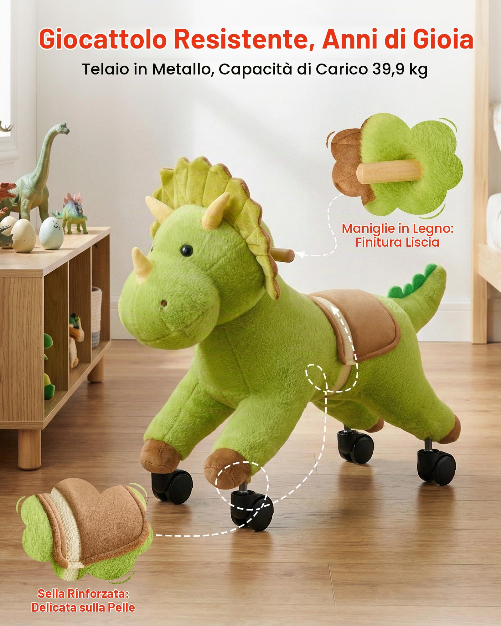 VEVOR Cavallo Cavalcabile per Bambini, Dinosauro Cavalcabile con Ruote Scorrevoli Flessibili a 360°, Ruggiti Realistici, Senza Batterie, Sedile Morbido, Portata Massima 40 kg, Per Bambini 3+ Anni