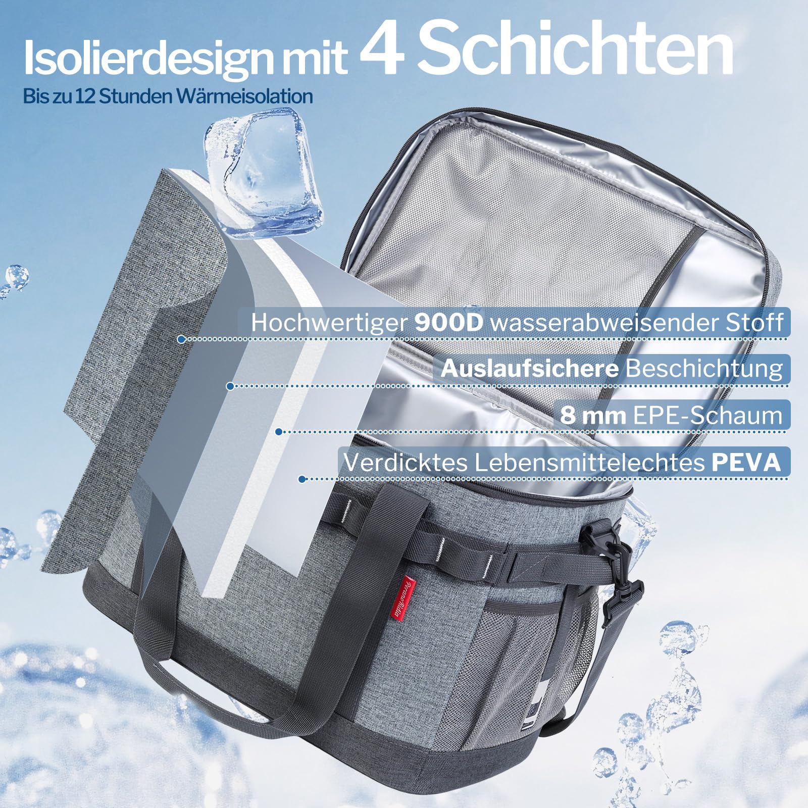 Kühltasche 40L, 12h Kühlung, Groß Faltbar Picknicktasche, Kühlbox Tragbare Isoliertasche für Auto & Einkaufen, Thermotasche Cooler Bag für Arbeit, Picknick, Strand, Camping, BBQ