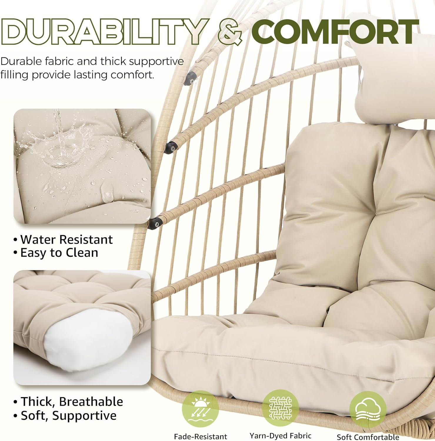 RADIATA Hanging Egg Chair with Stand and Cover, Indoor Outdoor Heavy Duty Foldable Rattan Swing Hammock with Cushion, 350Lbs Royal Craft Dome Shape Eggshell Basket Seat for Porch Garden Bedroom, Cream