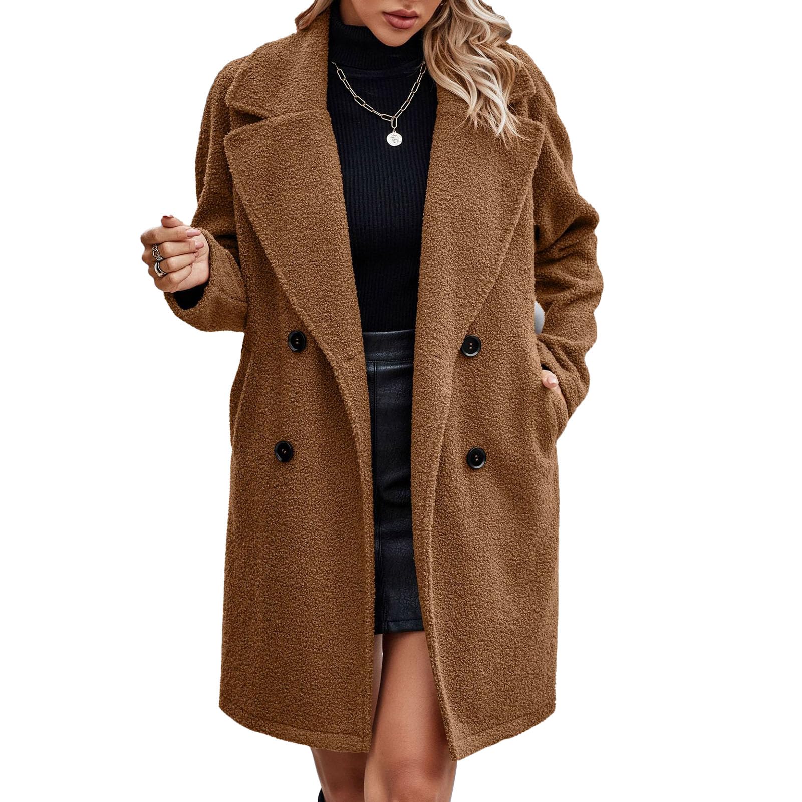 JTLB Cappotto Invernale da Donna, Colletto Rovesciato Doppio Petto, Tasche Laterali, Cappotto Casual in Colore con Poliestere, Feste, Shopping, Viaggi, Casa