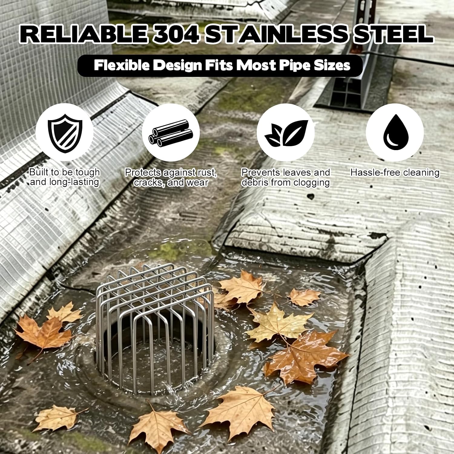 2 Pcs Stainless Steel Downspout Gutter Guard, 2.76" and 3.95" Diameter Adjustable Height with Cable Ties, Anti-Clogging Filter for Leaves & Branch Protection from Birds/Rodents Fits 2.5"-4.7" Pipe