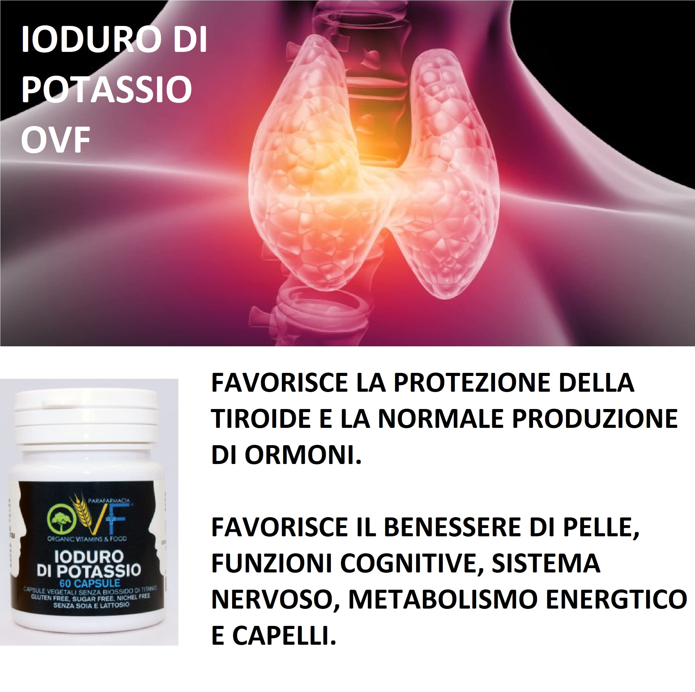 OVF integratore iodio puro 225 mcg (150% VNR), 60 capsule di potassio ioduro per proteggere la tiroide, pillole ioduro di potassio per una scorta di 2 mesi