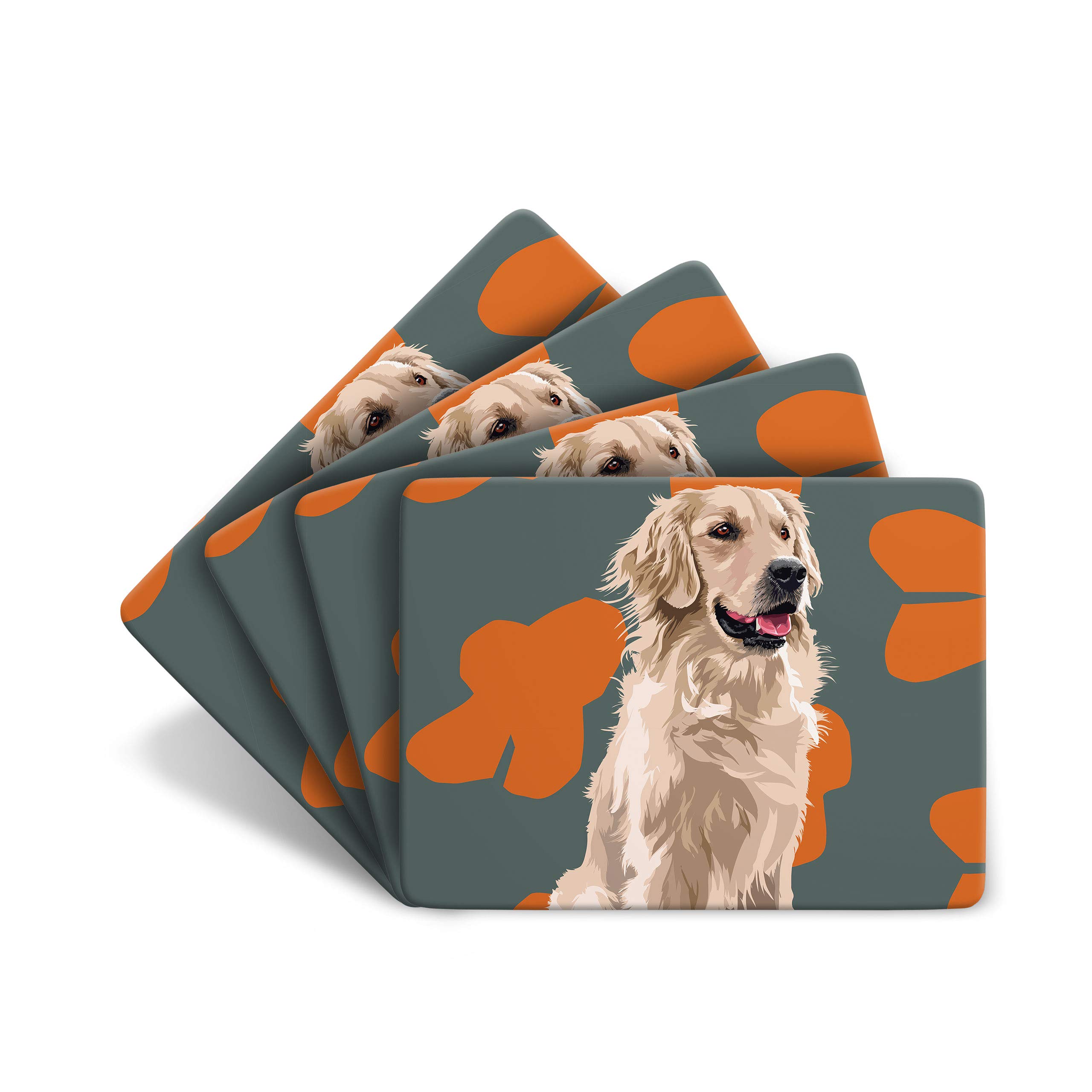 Leslie Gerry Gold Set Of 4 En Retriever Placemats - 4 Non-Slip, Cork-Backed Table Mats Featuring Dog Artwork