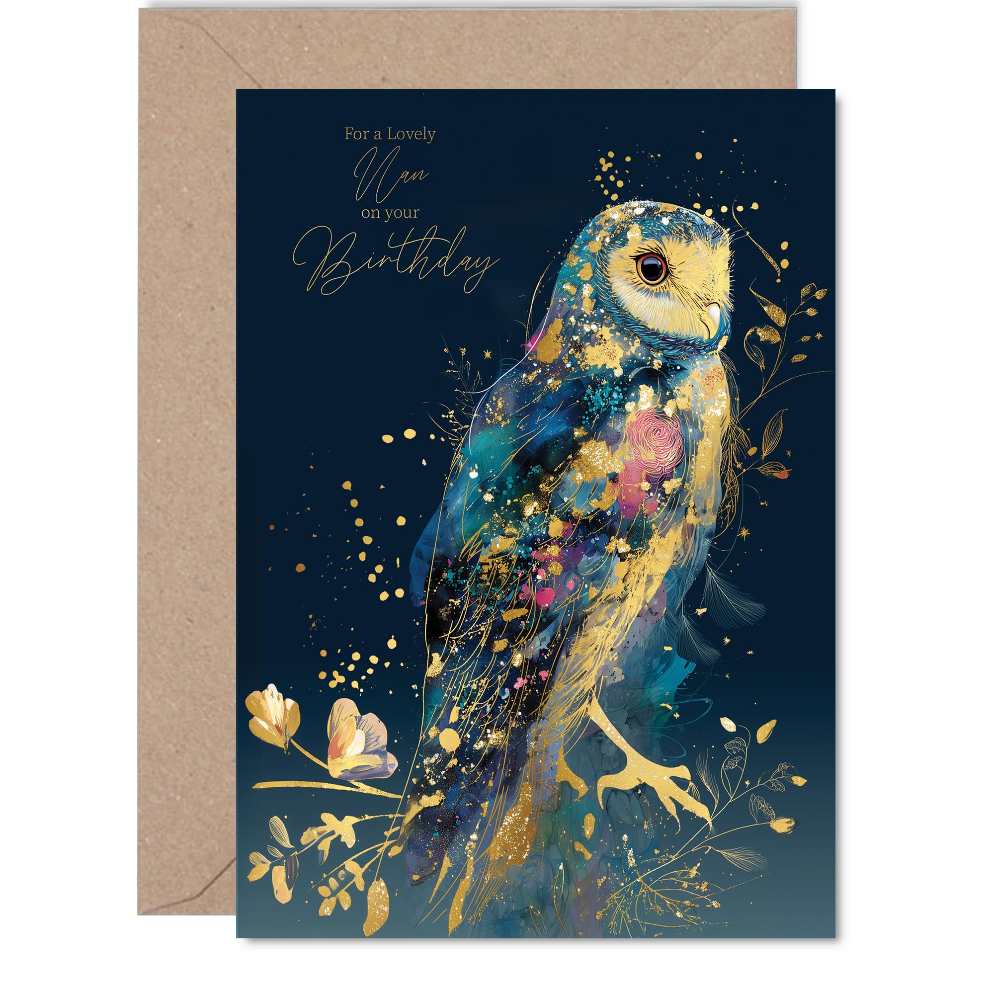 Gold Nan Birthday Card - Luxury Wisdom Owl - Happy Birthday Card for Nan from Grandson Granddaughter, 5x7 Inch Golden Fantasy Nature Chic Bday Greeting Cards