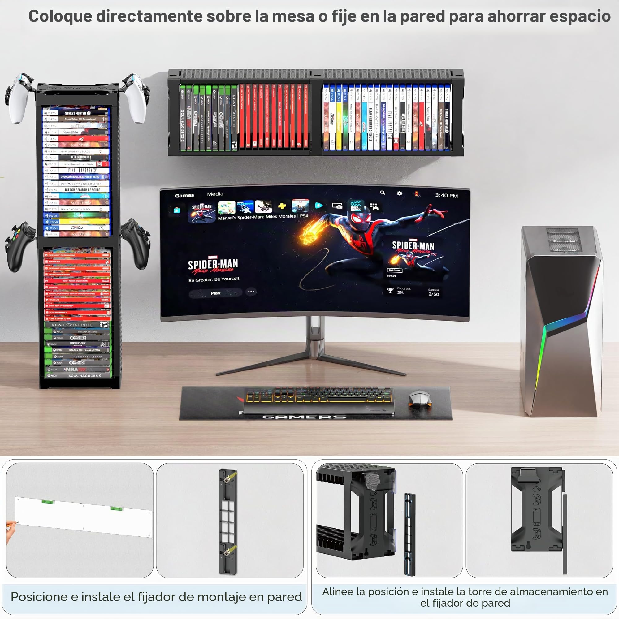 Torre de Almacenamiento de Videojuegos con Soporte para Mando, Soporte Juego para NS 2/PS5/PS4/Xbox, Organizador de Videojuegos para 40 Discos, Vertical & Horizontal Estantería Discos, Accesorio juego