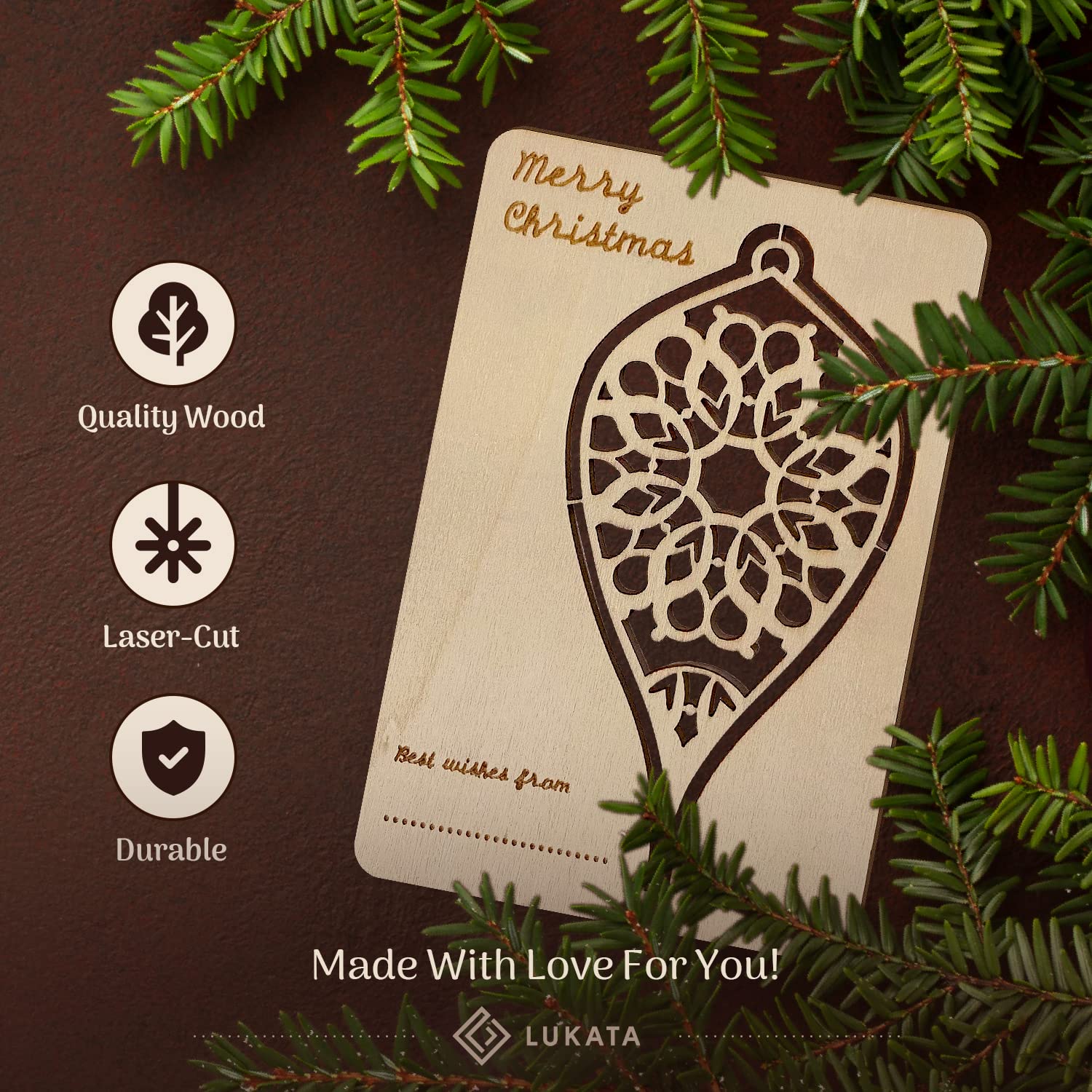 Lukata Premium Wooden Card with Pop-Out Winter Drop & Envelope, Merry Christmas Card For Friends & Family - Image 2