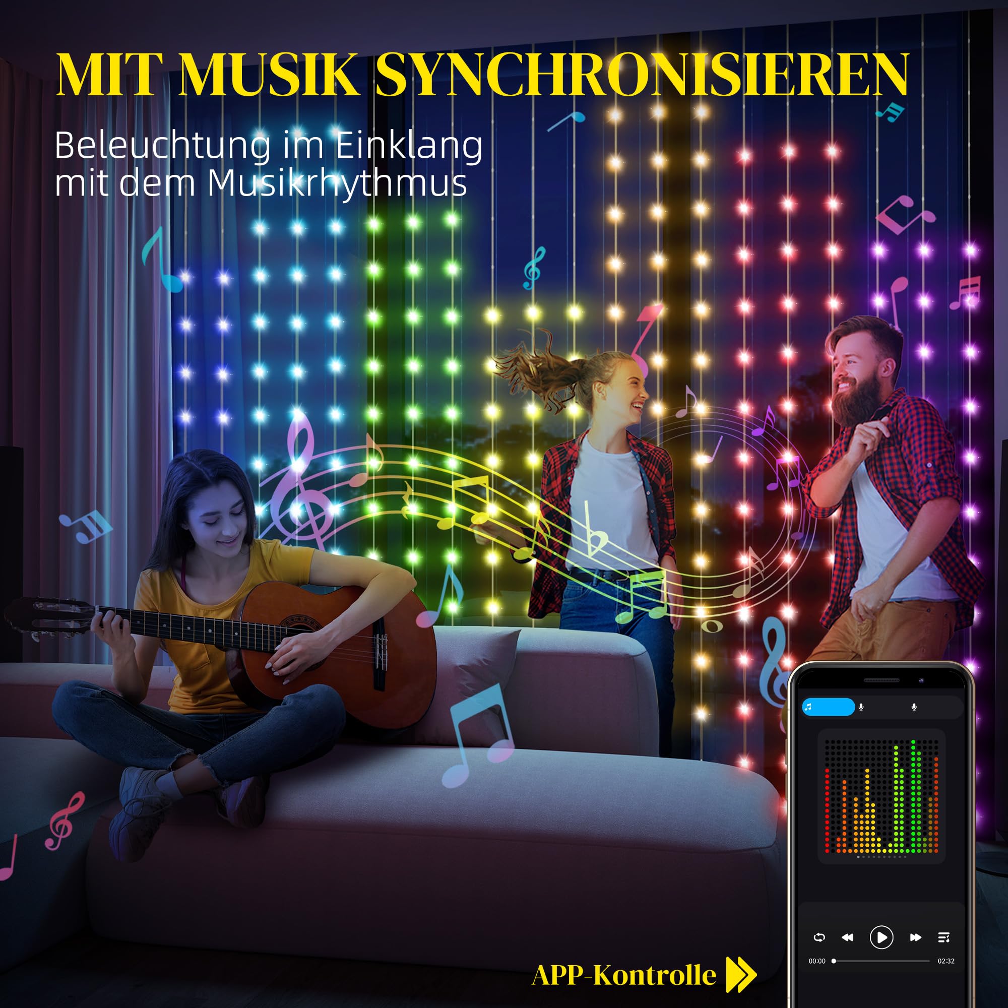 HOMCOM Lichterkette 3×3m 400 LEDs Lichtvorhang Verstellbare Helligkeit | Musik-Synchronisation, Szenenmodi, Timerfunktion, Lichterkettenvorhang, Innen Außen, IP44, Hochzeit, Party, Weihnachten