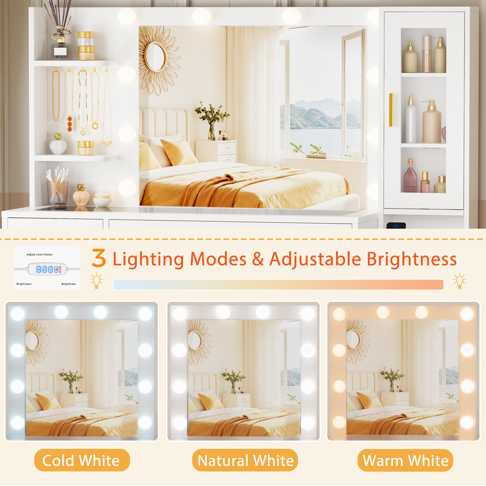 BEWISHOME Grande Toeletta Trucco con Luci e Specchio, Illuminazione a LED Regolabile, Toeletta Trucco con Piano in Vetro, Moderna Trucco con 8 Cassetti, Prese, per la Camera da Letto, Bianco EFST67W