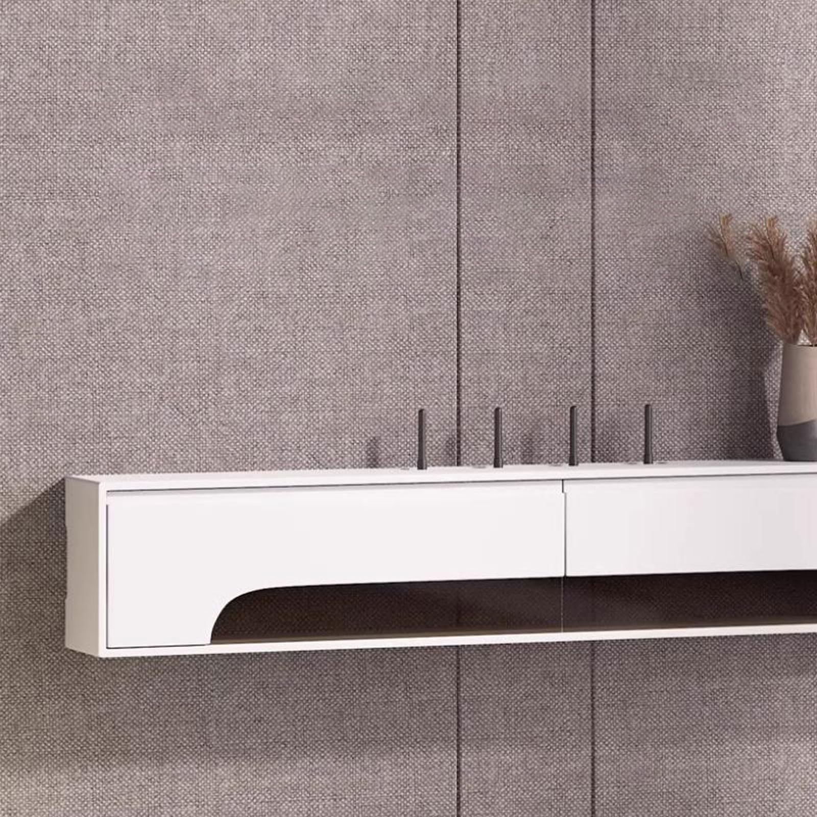 Supporto da parete galleggiante per console multimediale, router WiFi, set top box e presa a muro, ripiano decorativo da parete con piccolo ripiano per TV per supporti TV