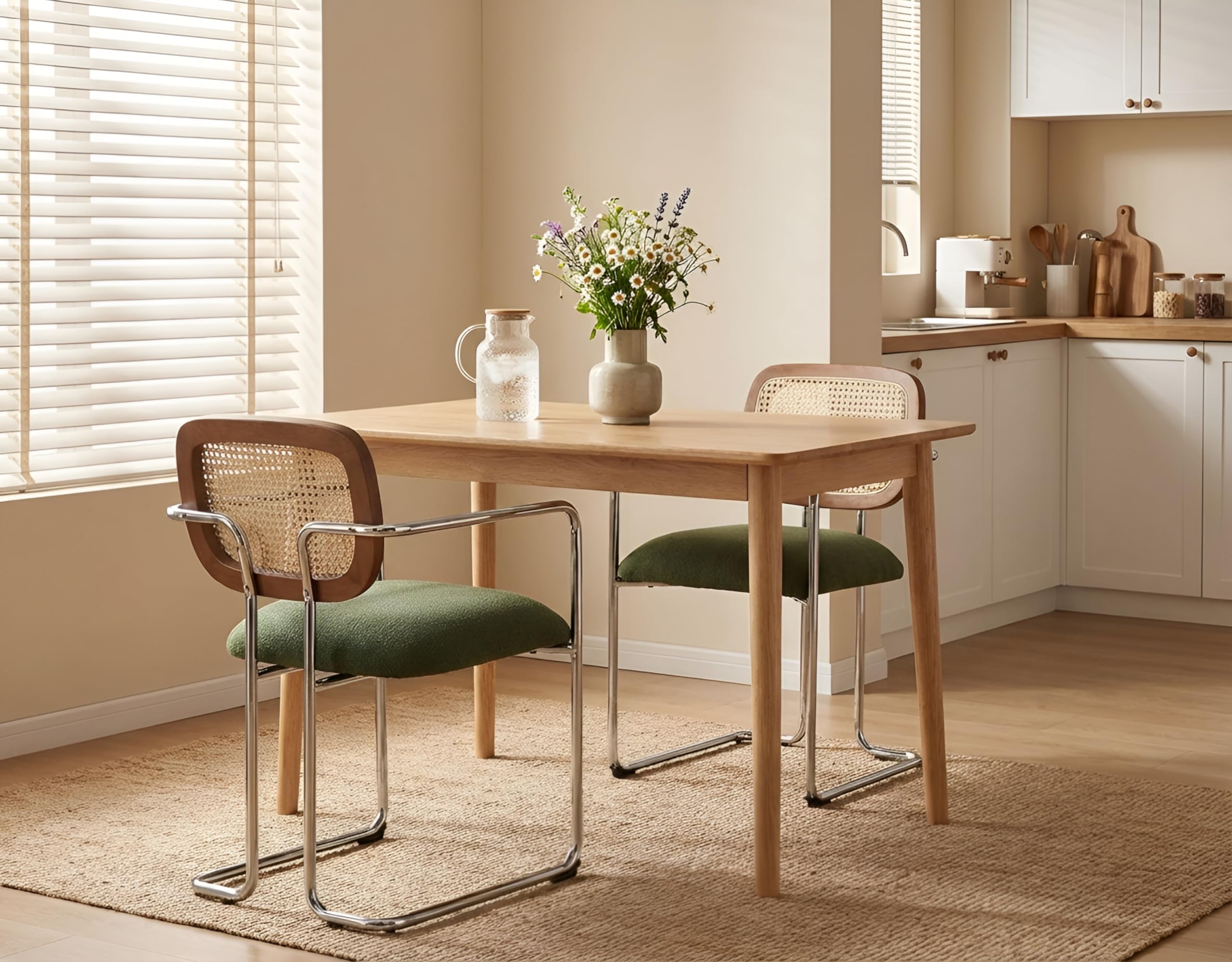 Esszimmerstühle 2er Set, Retro Küchenstühle mit Rattan Rückenlehne Gepolsterte Essstühle mit Metallgestell aus Leinen, für Esszimmer Wohnzimmer Küche Schlafzimmer​Lounge, Grün