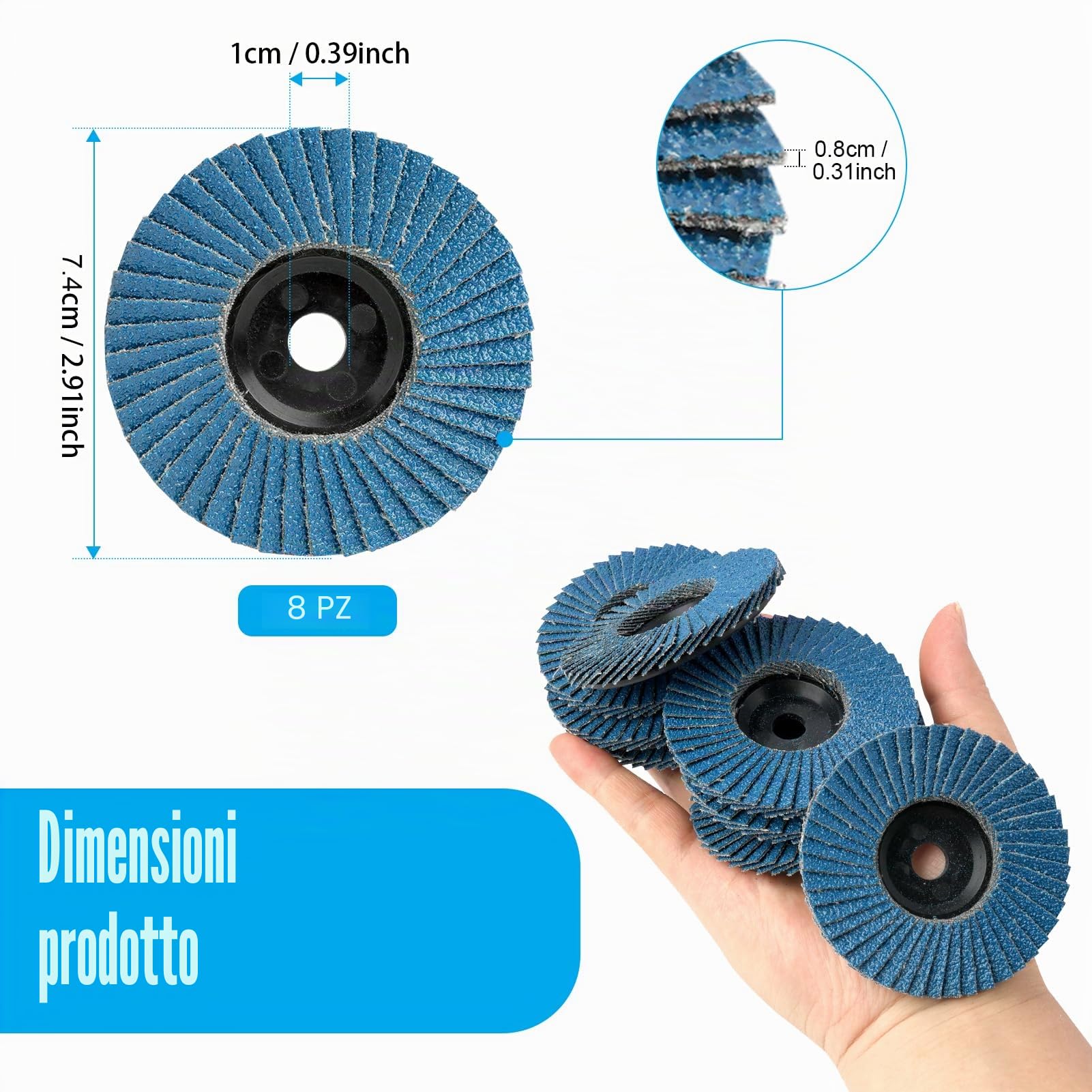 Set di 8 dischi lamellari Dischi lamellari per smerigliatrici angolari, Disco abrasivo Ø 76 mm x 10 mm, Dischi abrasivi di alta qualità in blu per metallo, legno e PVC, Adatto per smerigliatrici angol